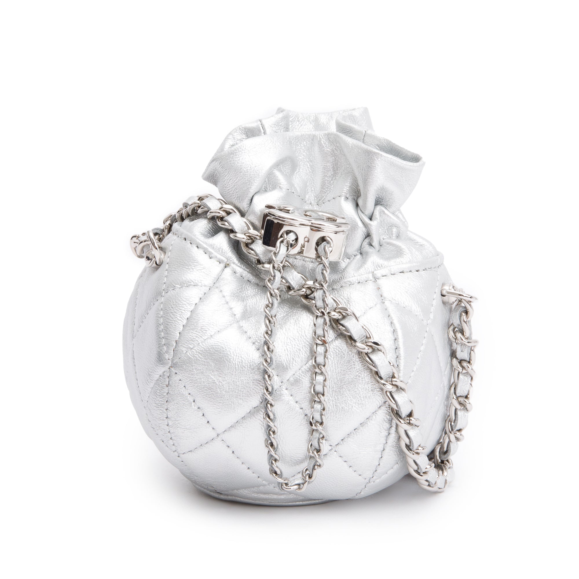 Chanel 2023 Metallic Silver Calfskin Leather Micro Drawstring Bucket Bag w/ Receipt
