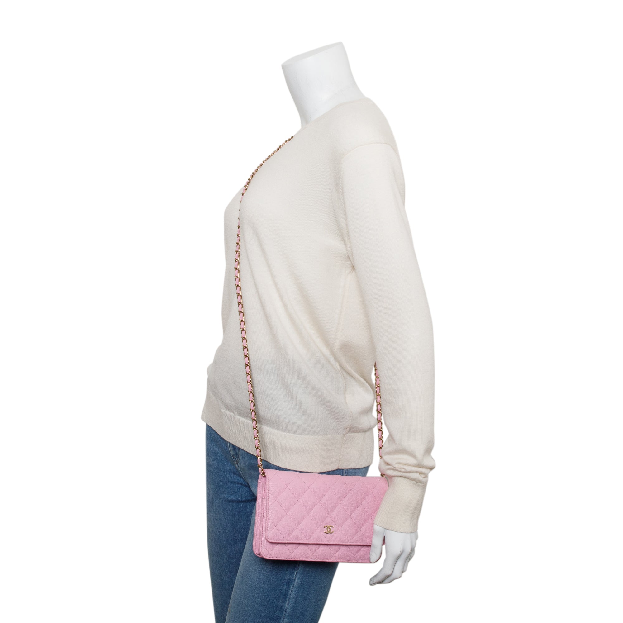 Chanel 2023 Pink Quilted Caviar Leather Classic Wallet on Chain w/ Box