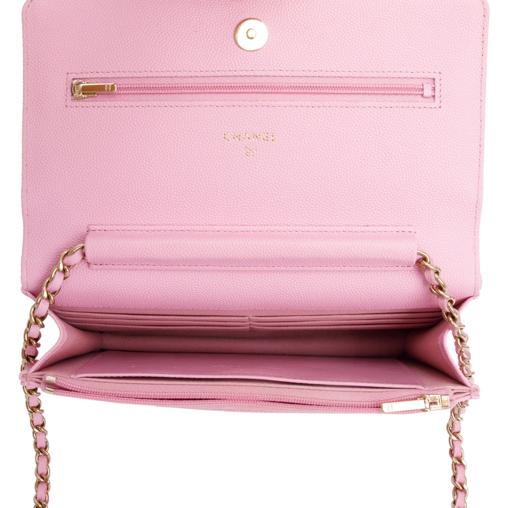 Chanel 2023 Pink Quilted Caviar Leather Classic Wallet on Chain w/ Box