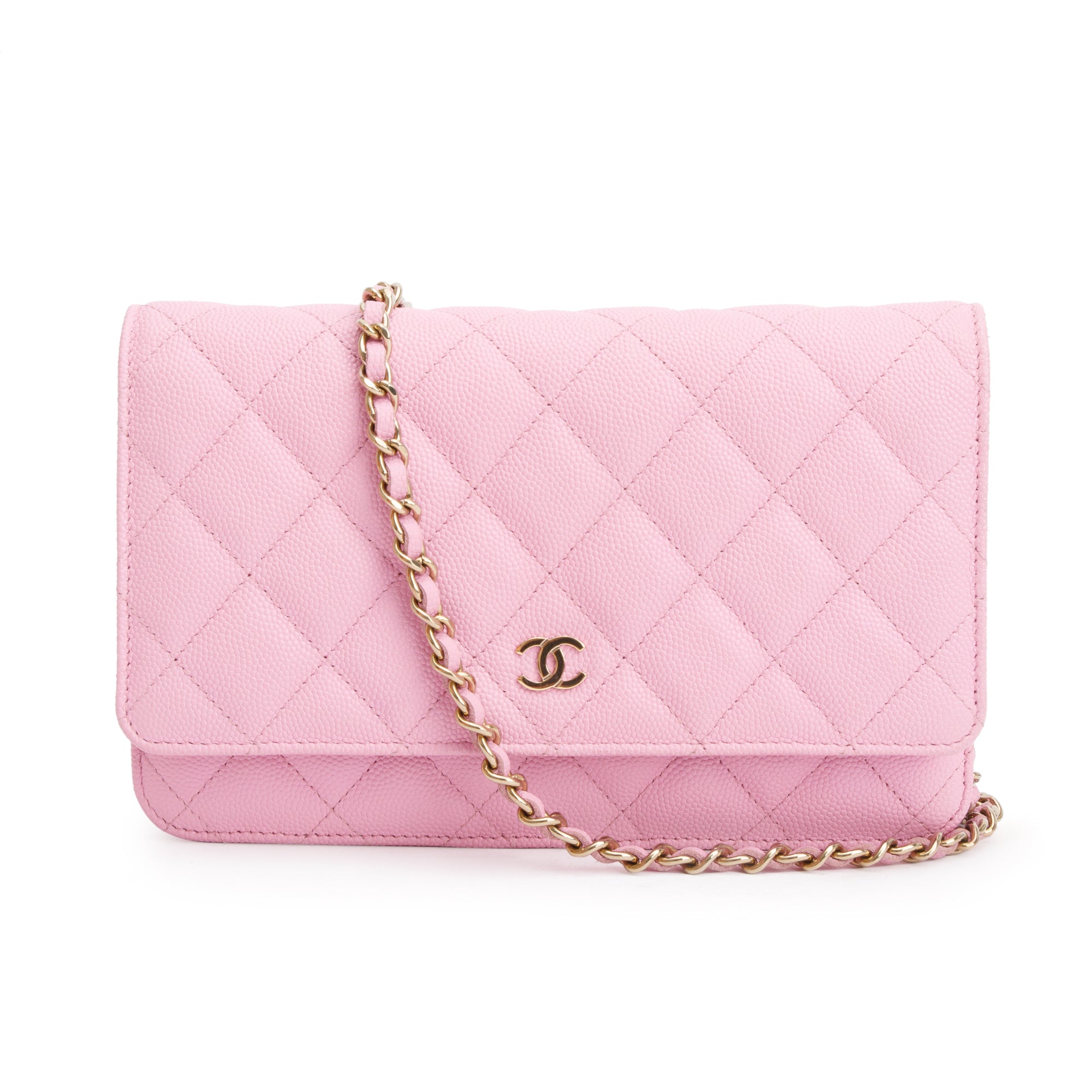 Chanel 2023 Pink Quilted Caviar Leather Classic Wallet on Chain w/ Box