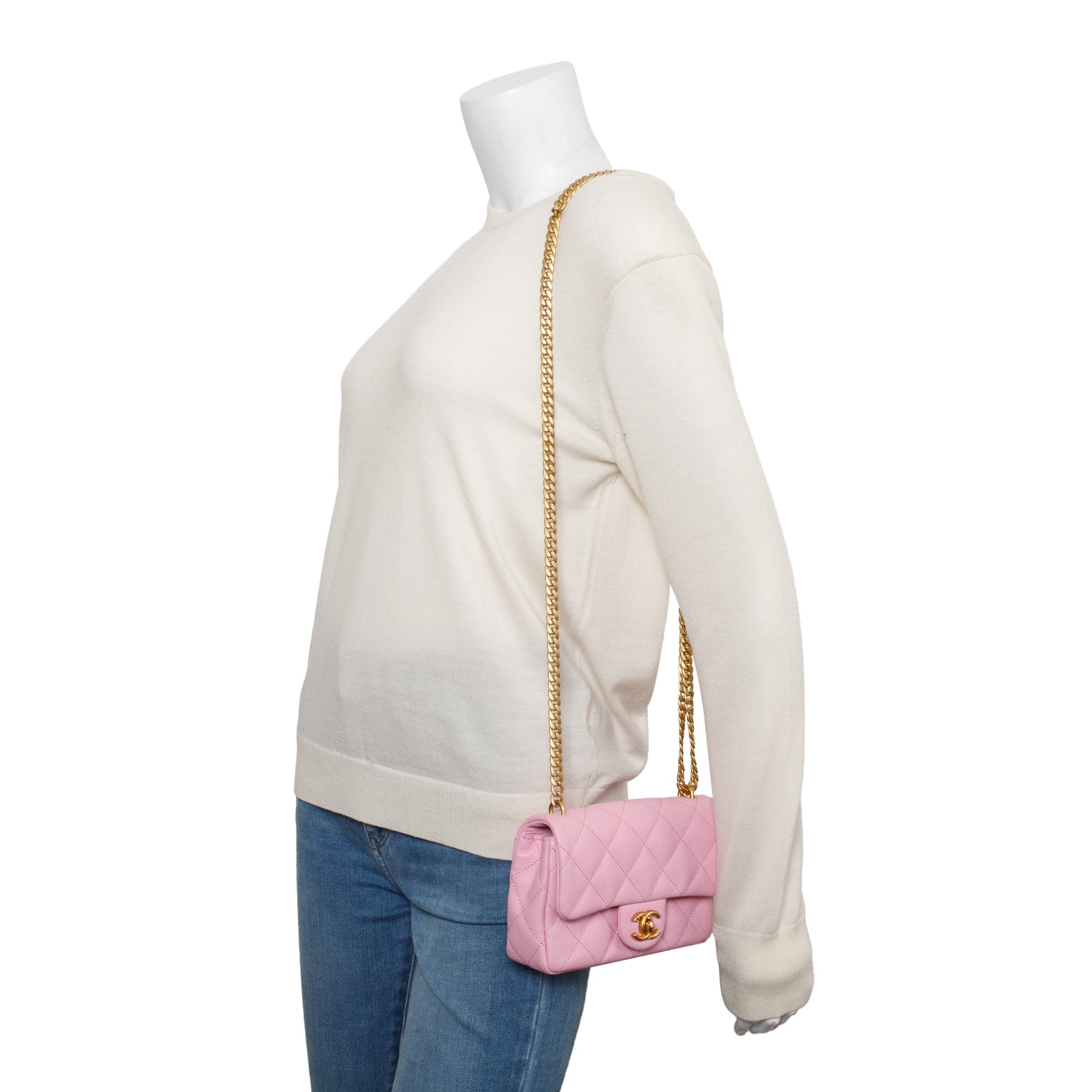 Chanel 2023 Pink Quilted Caviar Leather Sweetheart Crush Classic Rectangular Mini Flap Bag w/ Box