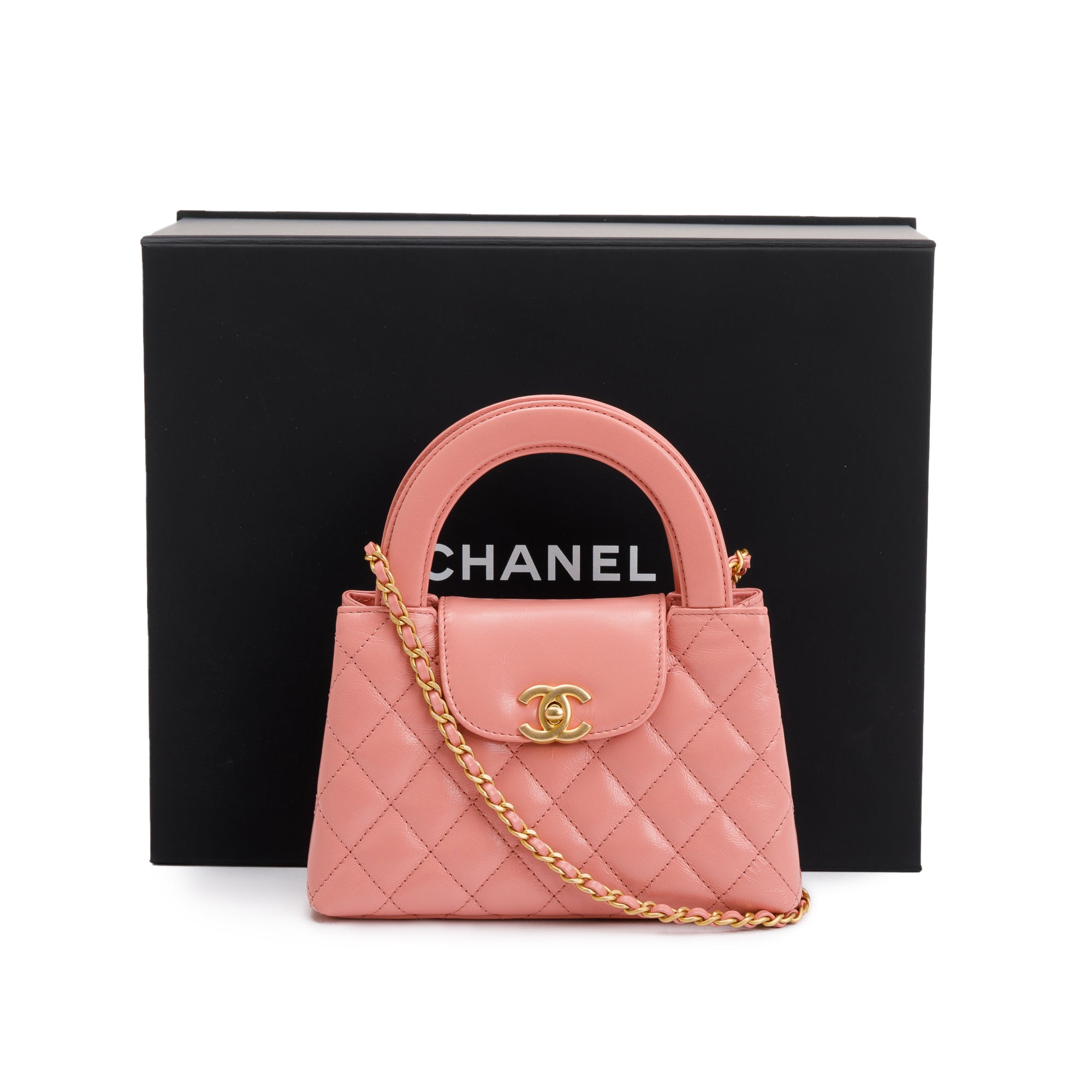 Chanel 2023 Pink Shiny Aged Calfskin Leather Mini Kelly Shopping Bag w/ Box & Receipt