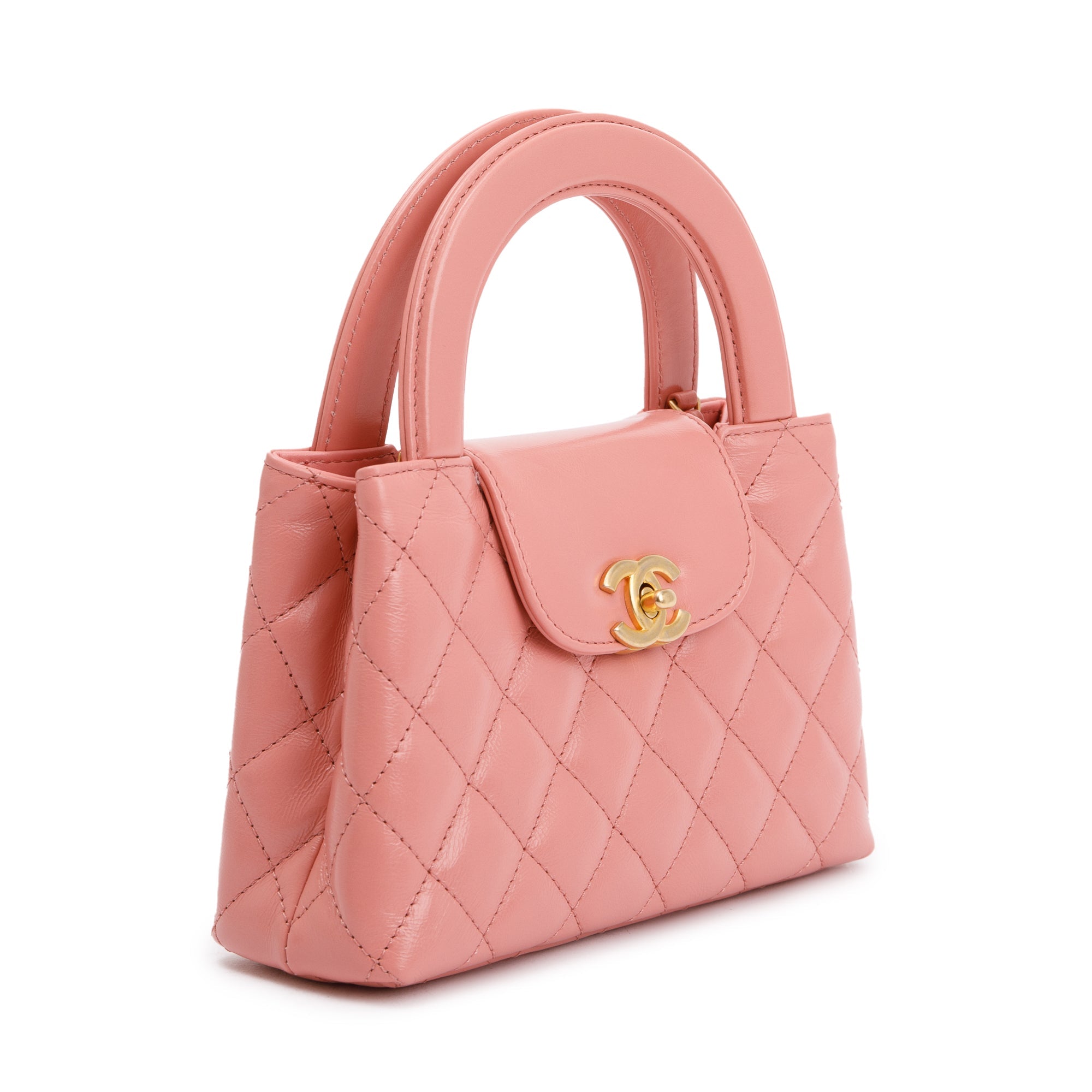 Chanel 2023 Pink Shiny Aged Calfskin Leather Mini Kelly Shopping Bag w/ Box & Receipt