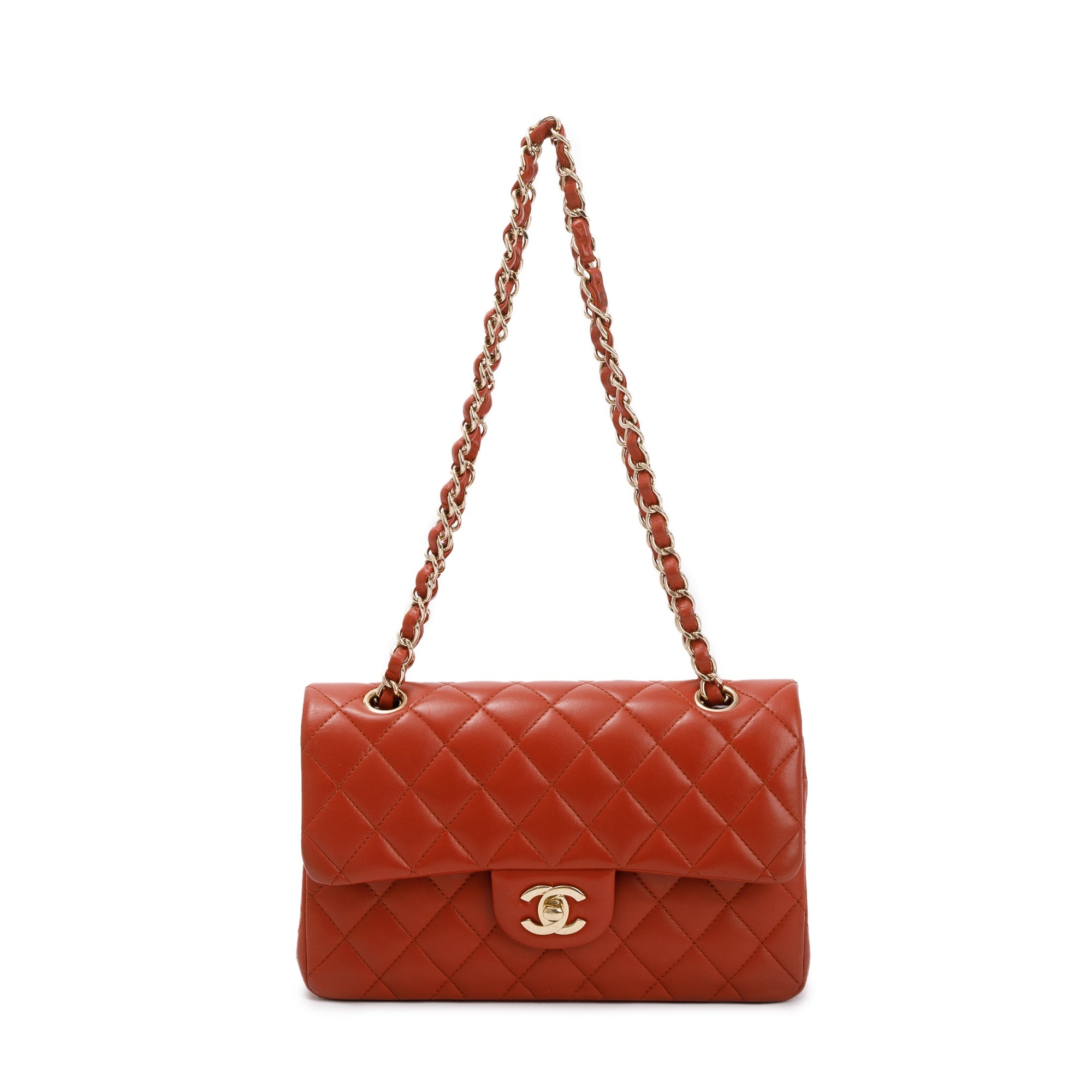 Chanel 2023 Red Lambskin Leather Small Classic Double Flap Bag