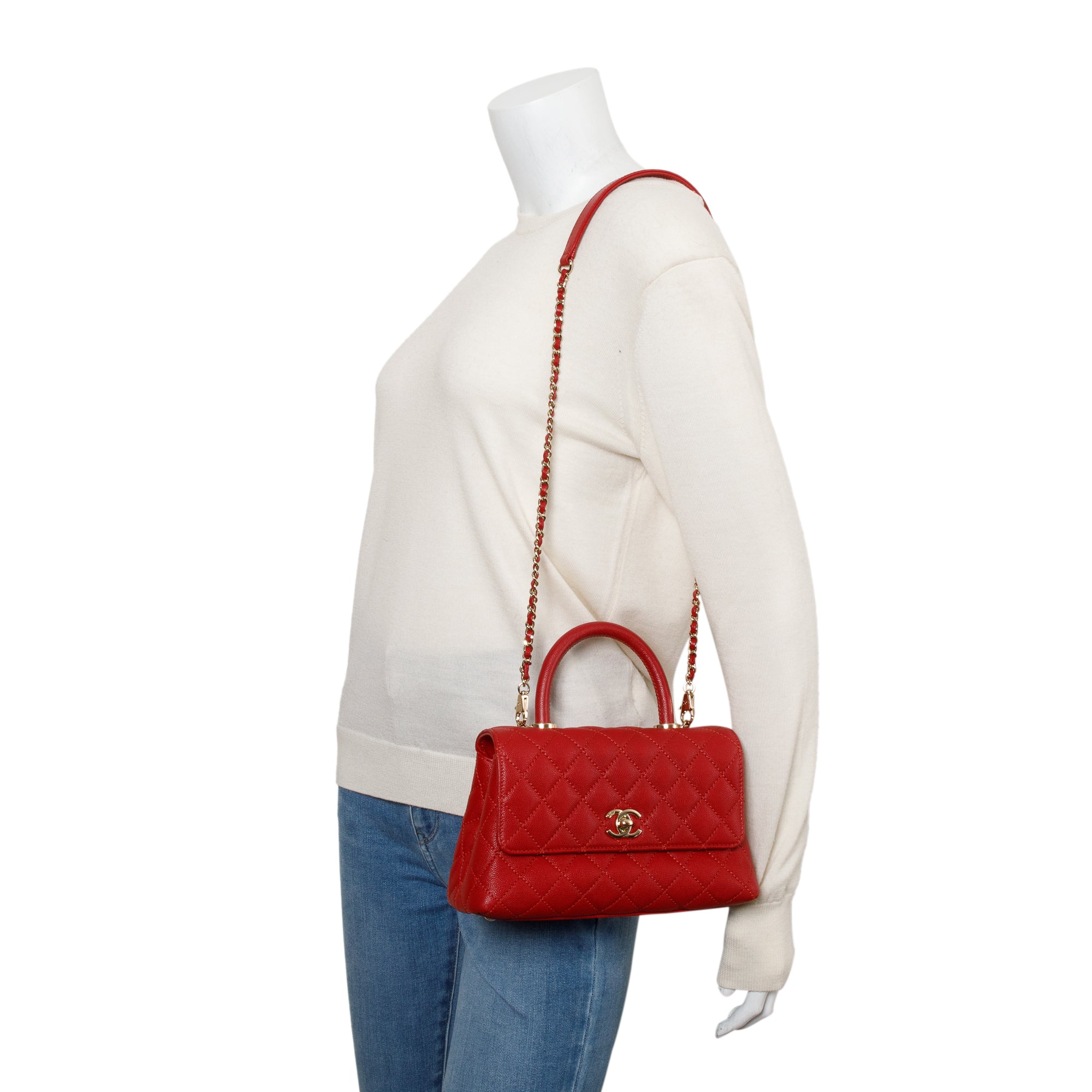 Chanel 2023 Red Quilted Caviar Leather Small Coco Handle Bag w/ Strap