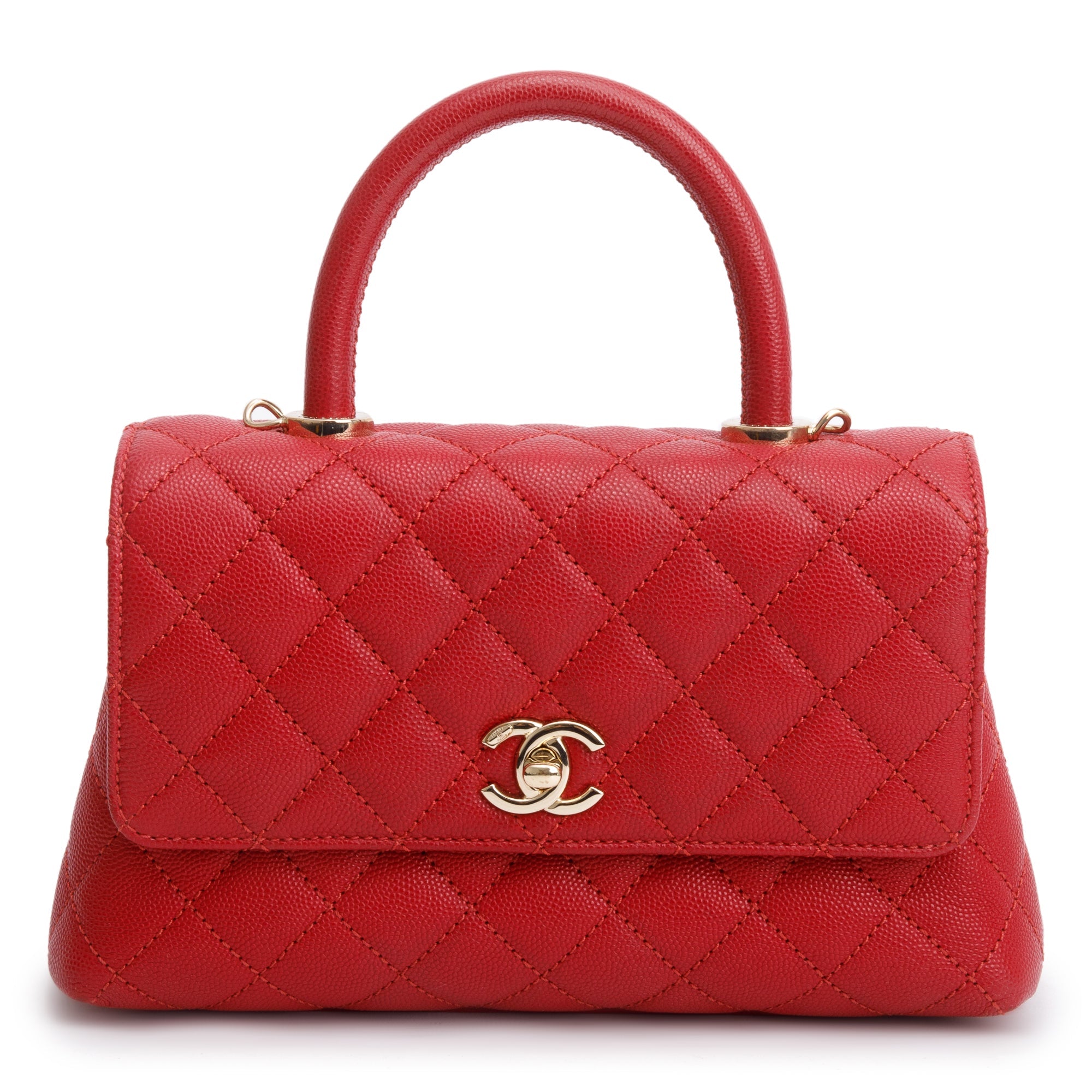 Chanel 2023 Red Quilted Caviar Leather Small Coco Handle Bag w/ Strap