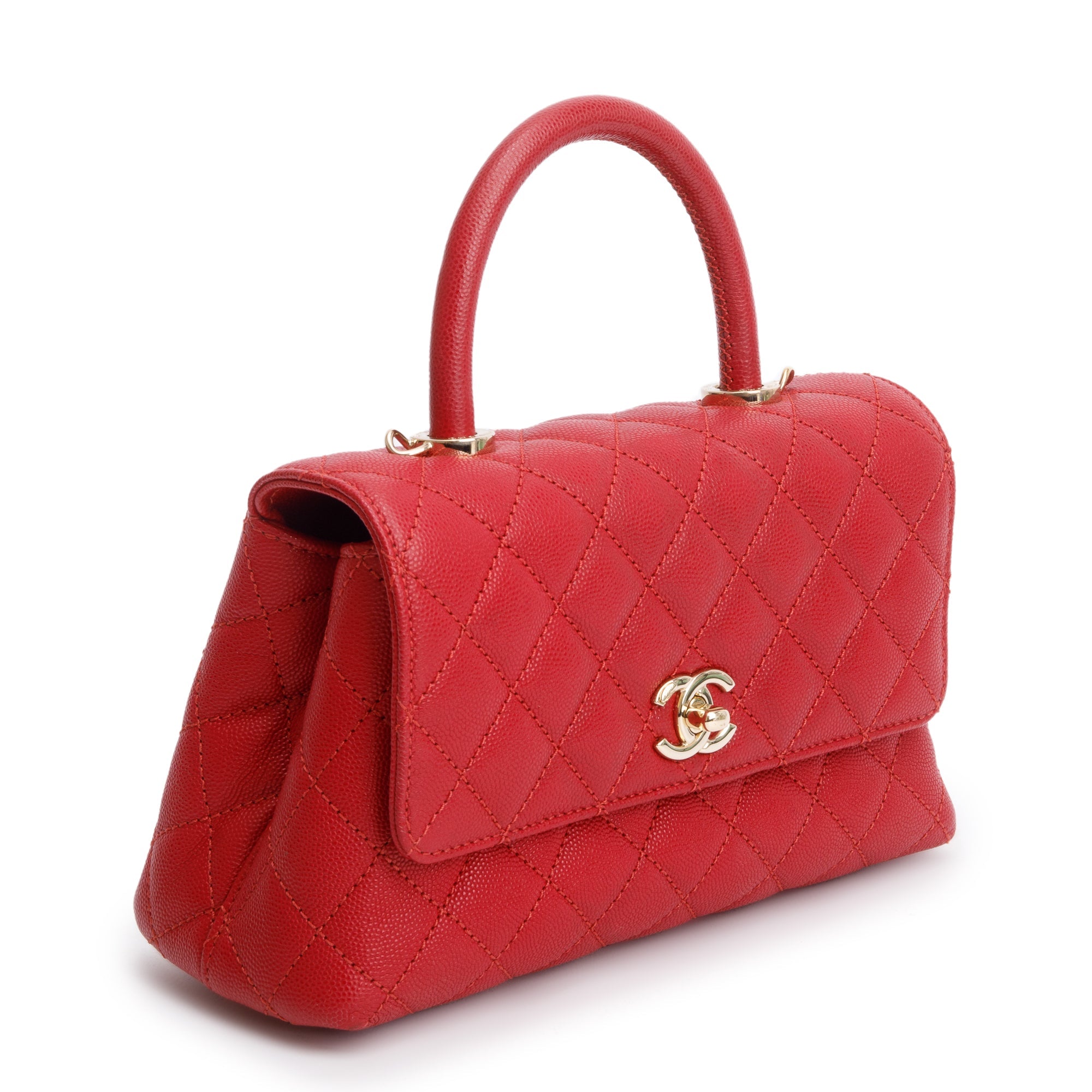 Chanel 2023 Red Quilted Caviar Leather Small Coco Handle Bag w/ Strap