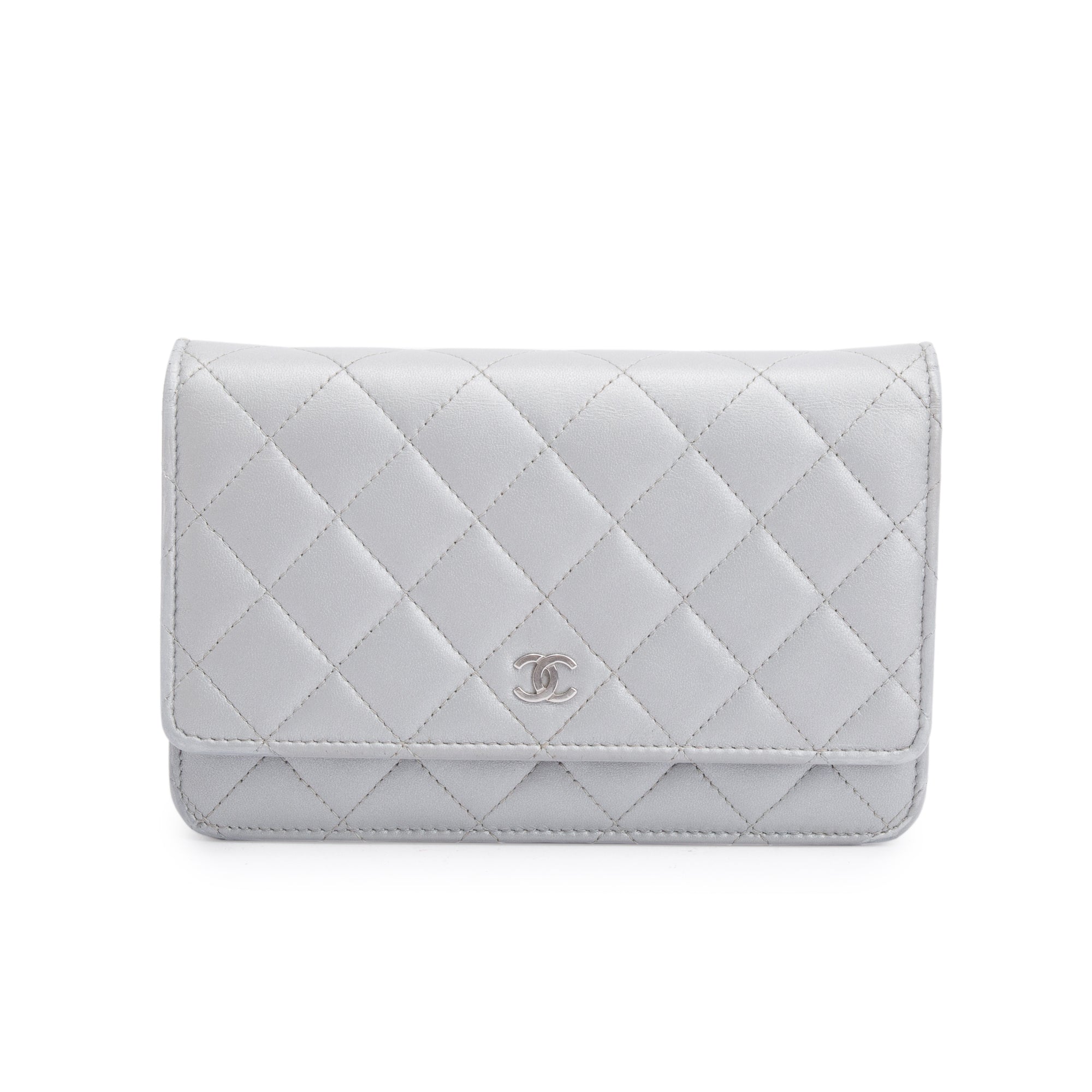 Chanel 2023 Silver Quilted Caviar Leather Classic Wallet on Chain
