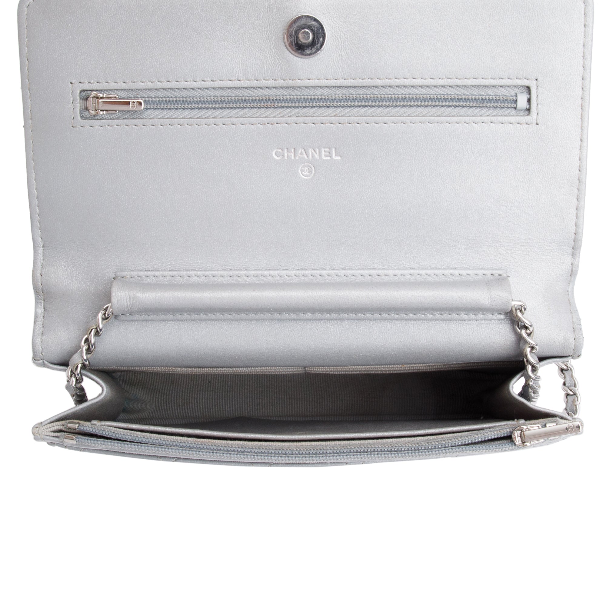 Chanel 2023 Silver Quilted Caviar Leather Classic Wallet on Chain