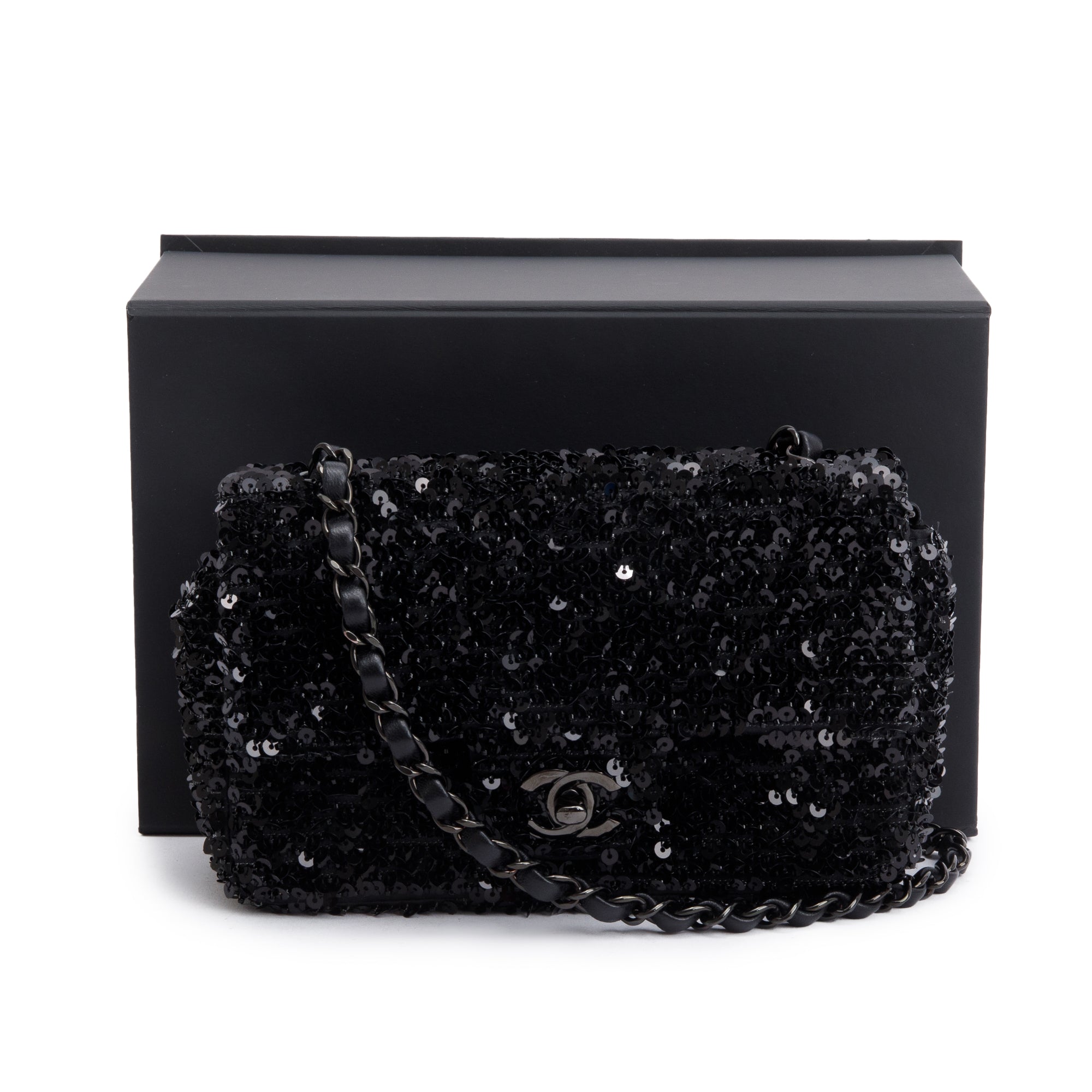 Chanel 2023 So Black Sequin Classic Mini Rectangular Flap Bag w/ Box