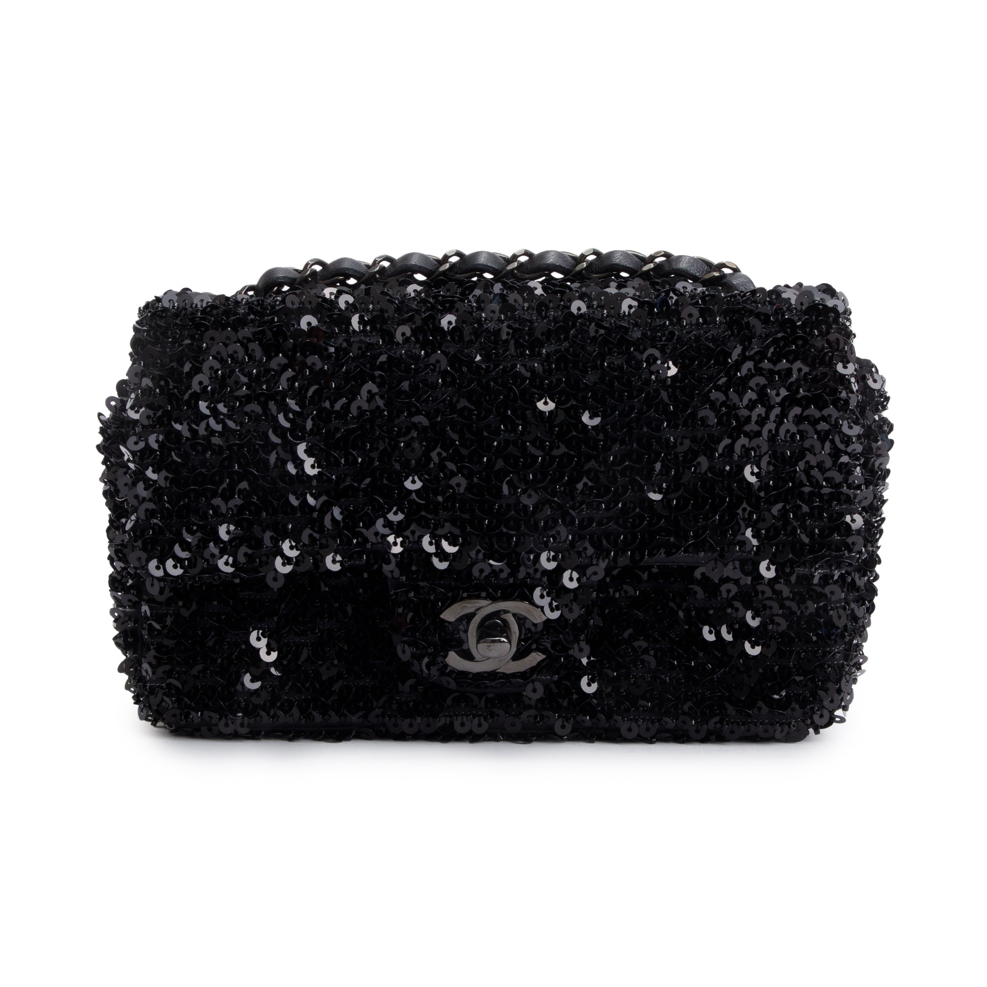 Chanel 2023 So Black Sequin Classic Mini Rectangular Flap Bag w/ Box