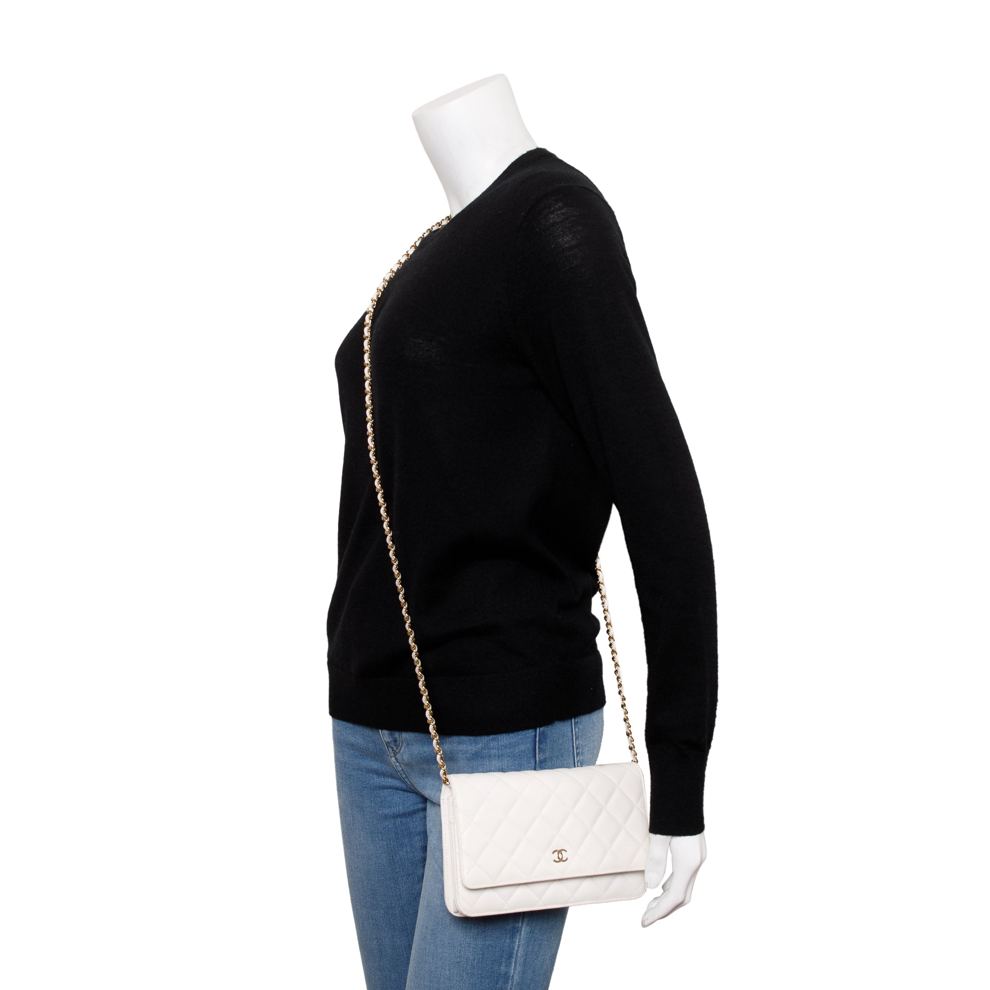 Chanel 2023 White Caviar Leather Classic Wallet on Chain w/ Box