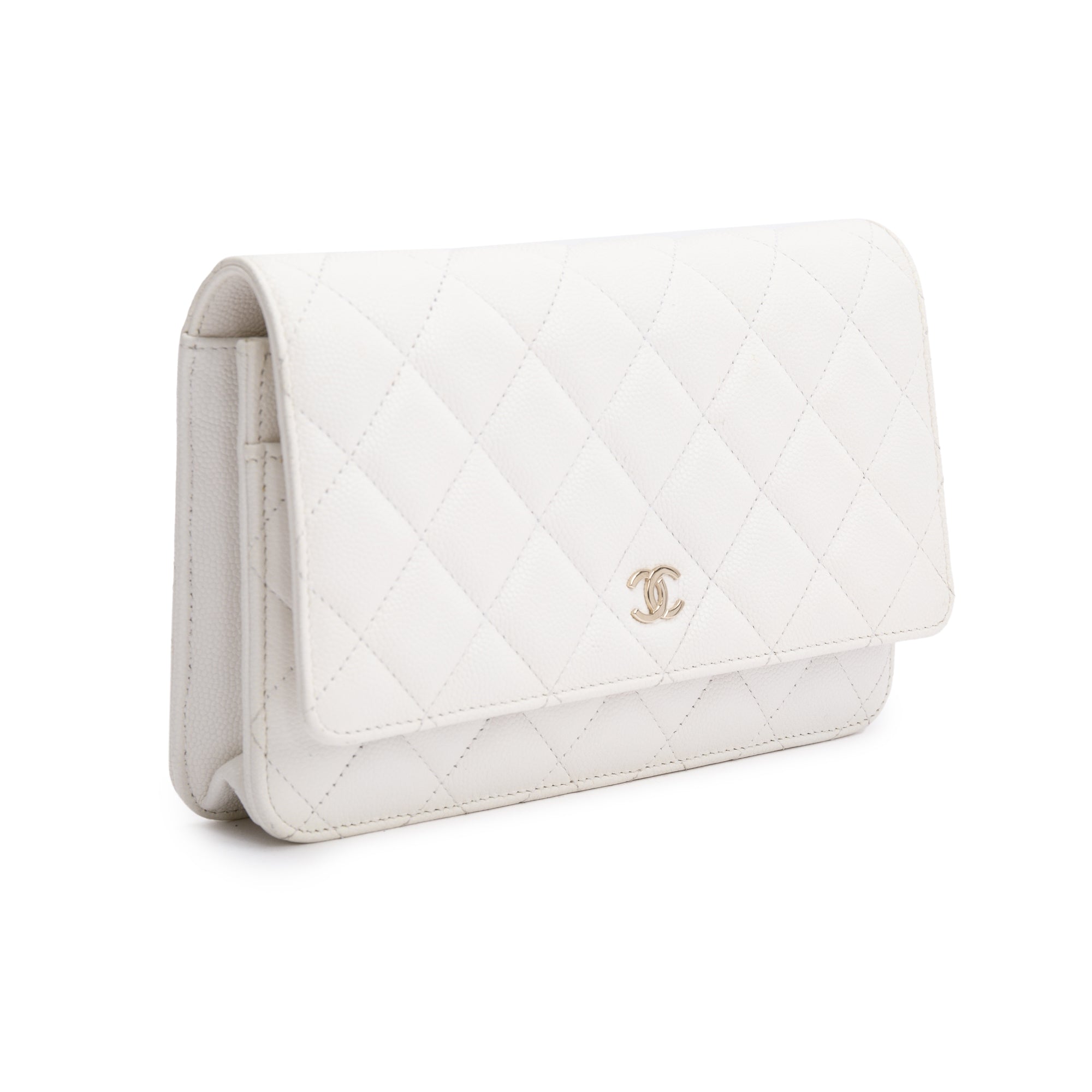 Chanel 2023 White Caviar Leather Classic Wallet on Chain w/ Box