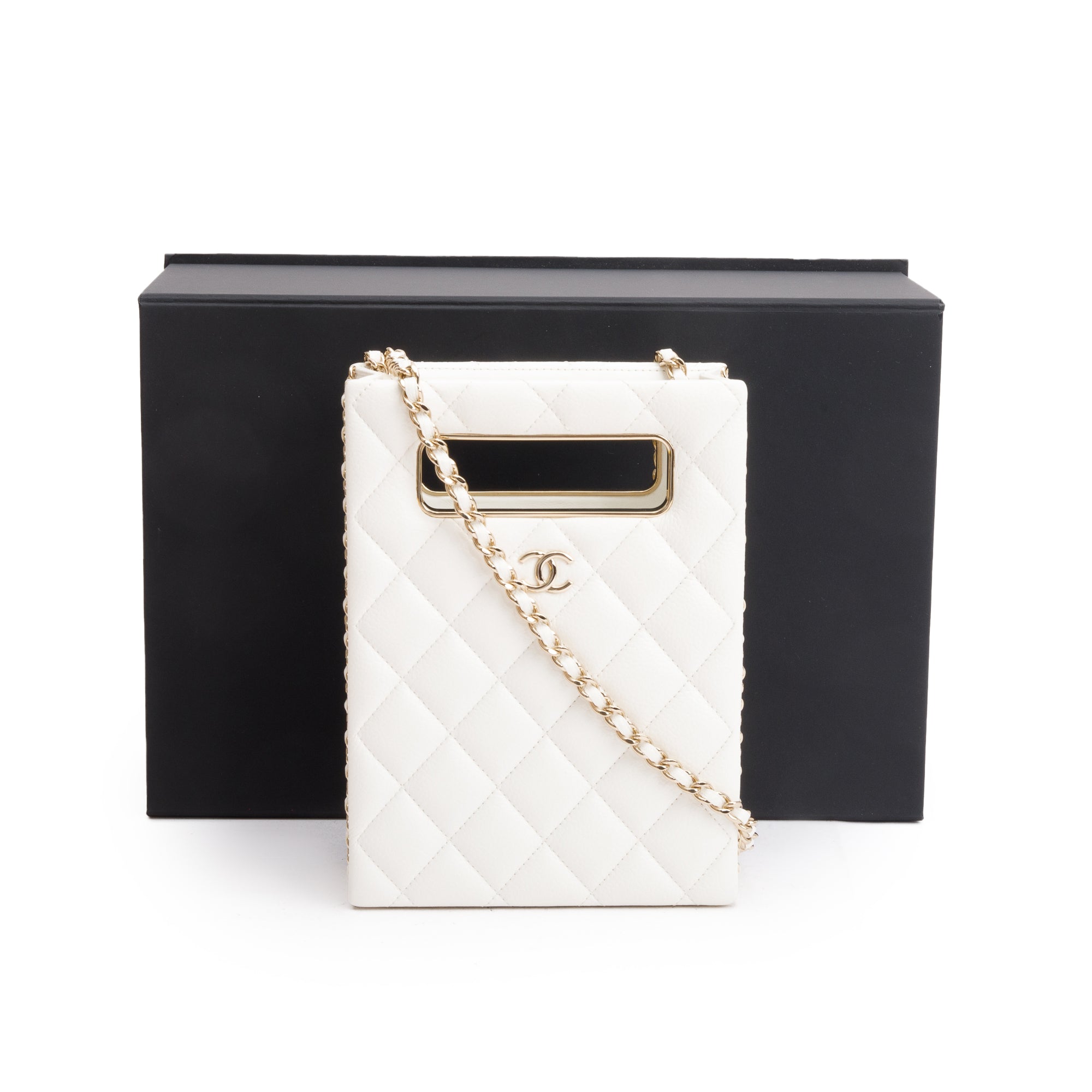 Chanel 2023 White Caviar Quilted Leather Evening Box Bag w/ Box