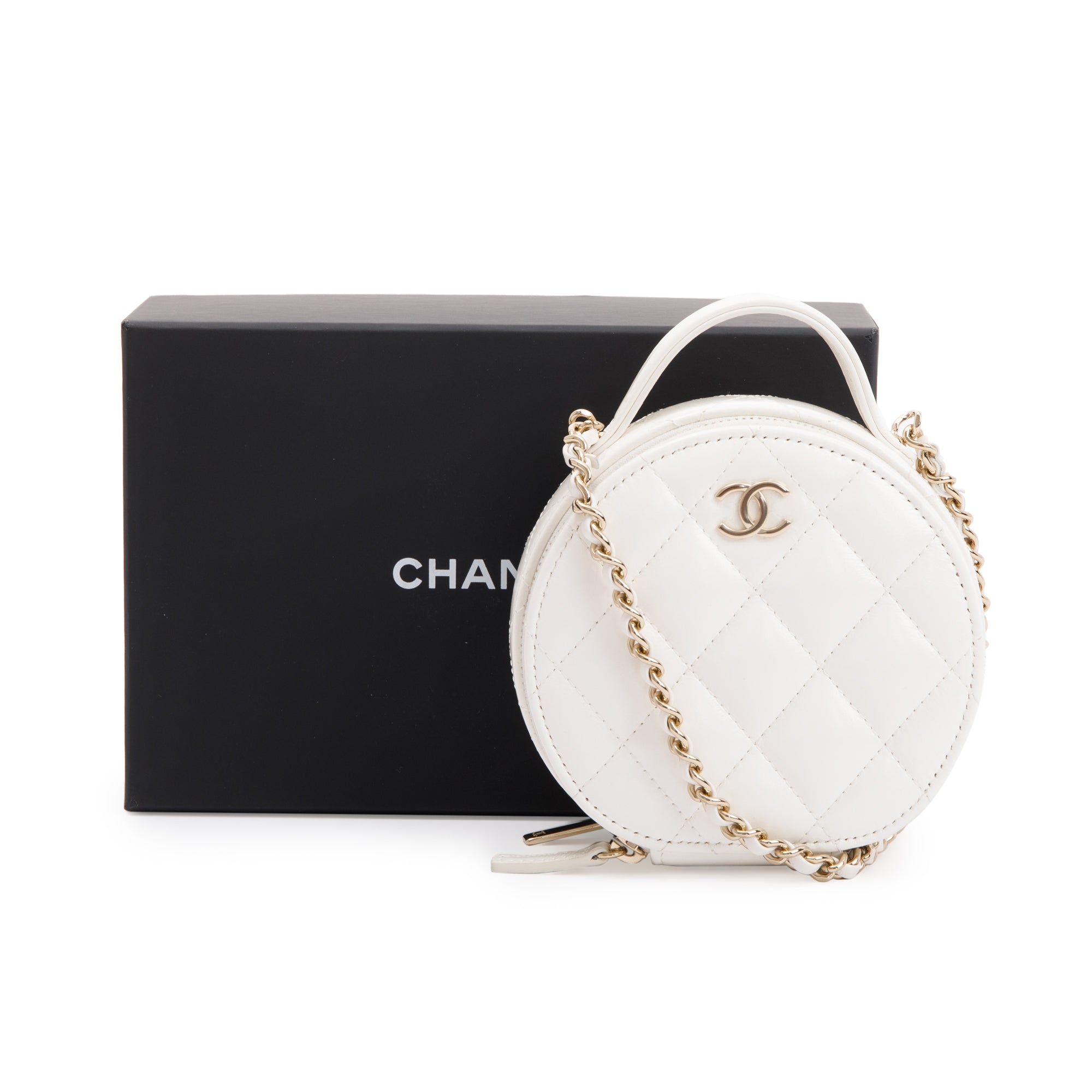 Chanel 2023 White Lambskin Leather Handle with Care Round Vanity Case w/ Box
