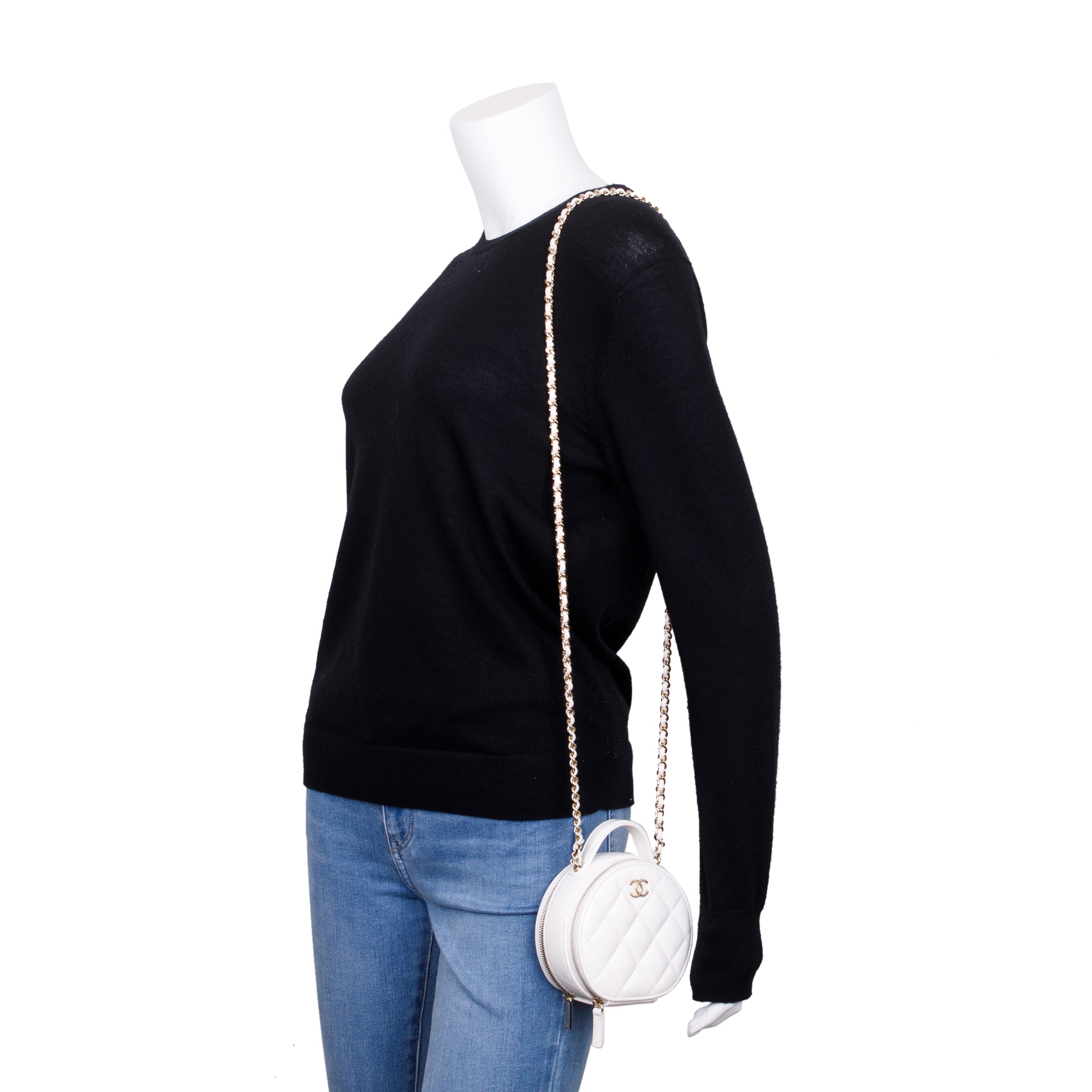 Chanel 2023 White Lambskin Leather Handle with Care Round Vanity Case w/ Box