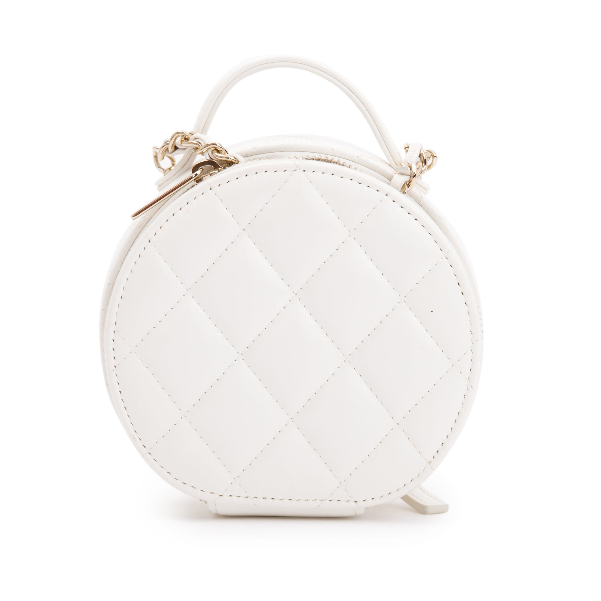 Chanel 2023 White Lambskin Leather Handle with Care Round Vanity Case w/ Box