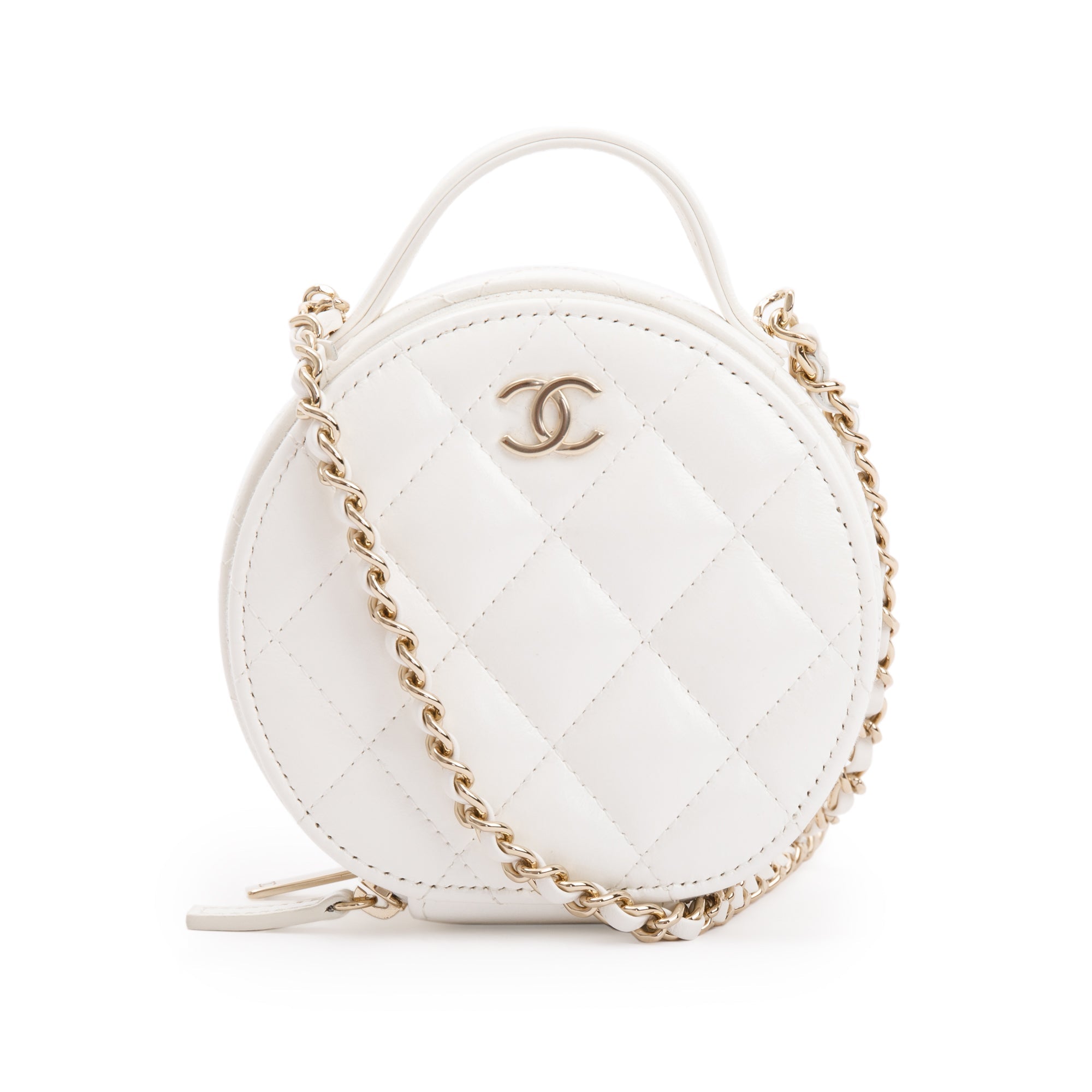 Chanel 2023 White Lambskin Leather Handle with Care Round Vanity Case w/ Box