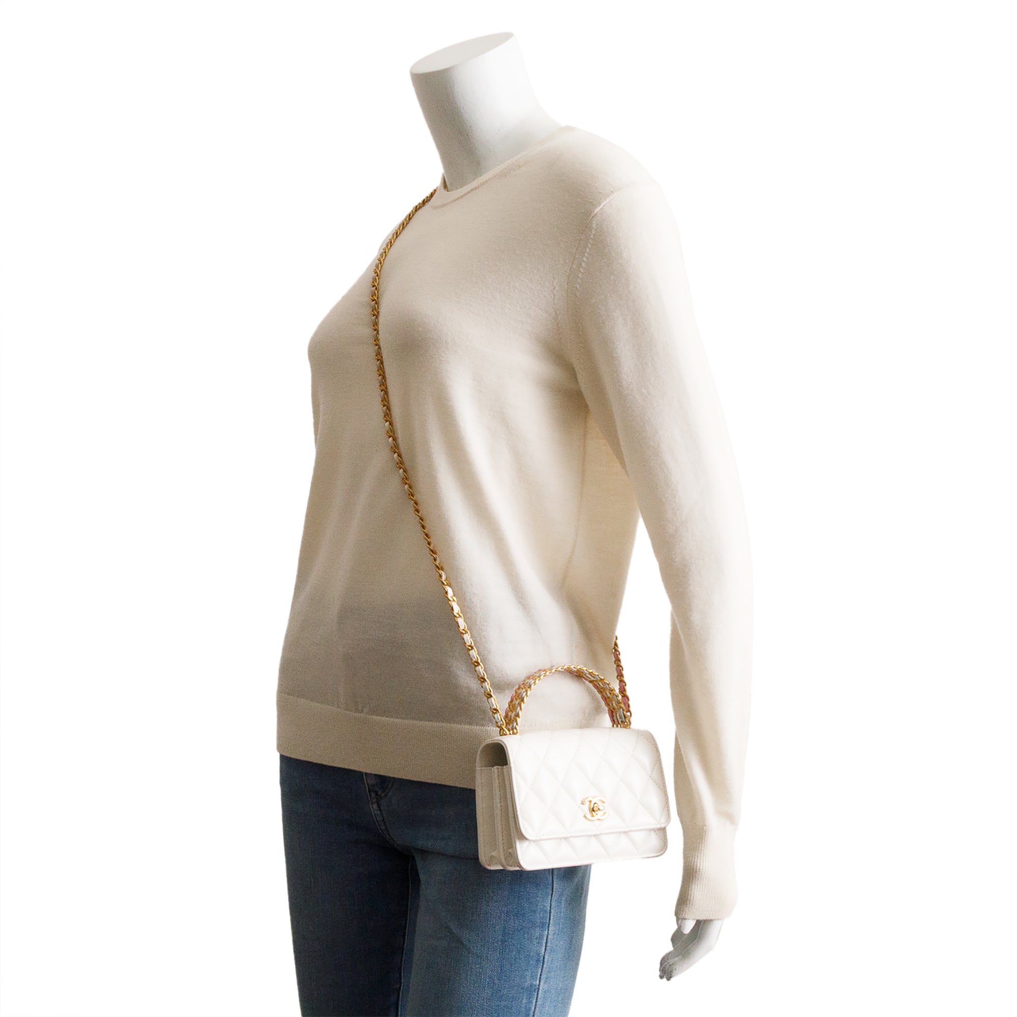 Chanel 2023 White Quilted Glazed Calfskin Rainbow Chain Top Handle Mini Flap Bag