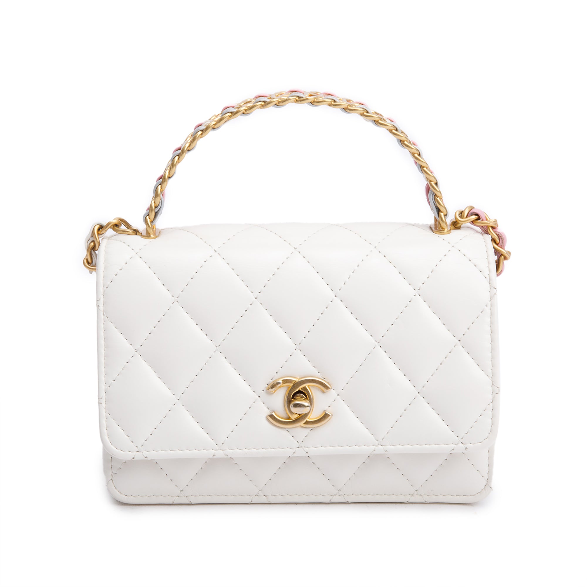 Chanel 2023 White Quilted Glazed Calfskin Rainbow Chain Top Handle Mini Flap Bag