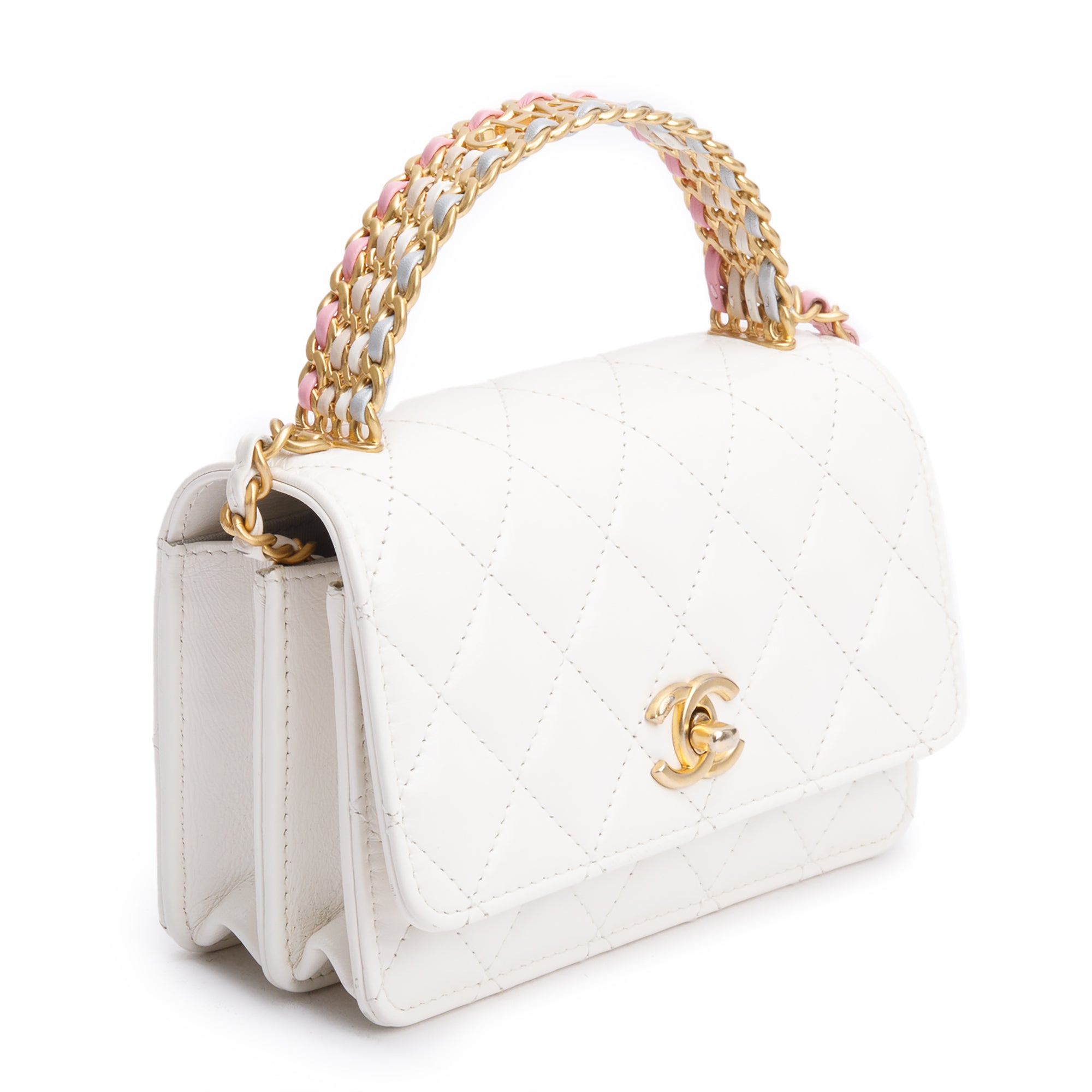 Chanel 2023 White Quilted Glazed Calfskin Rainbow Chain Top Handle Mini Flap Bag