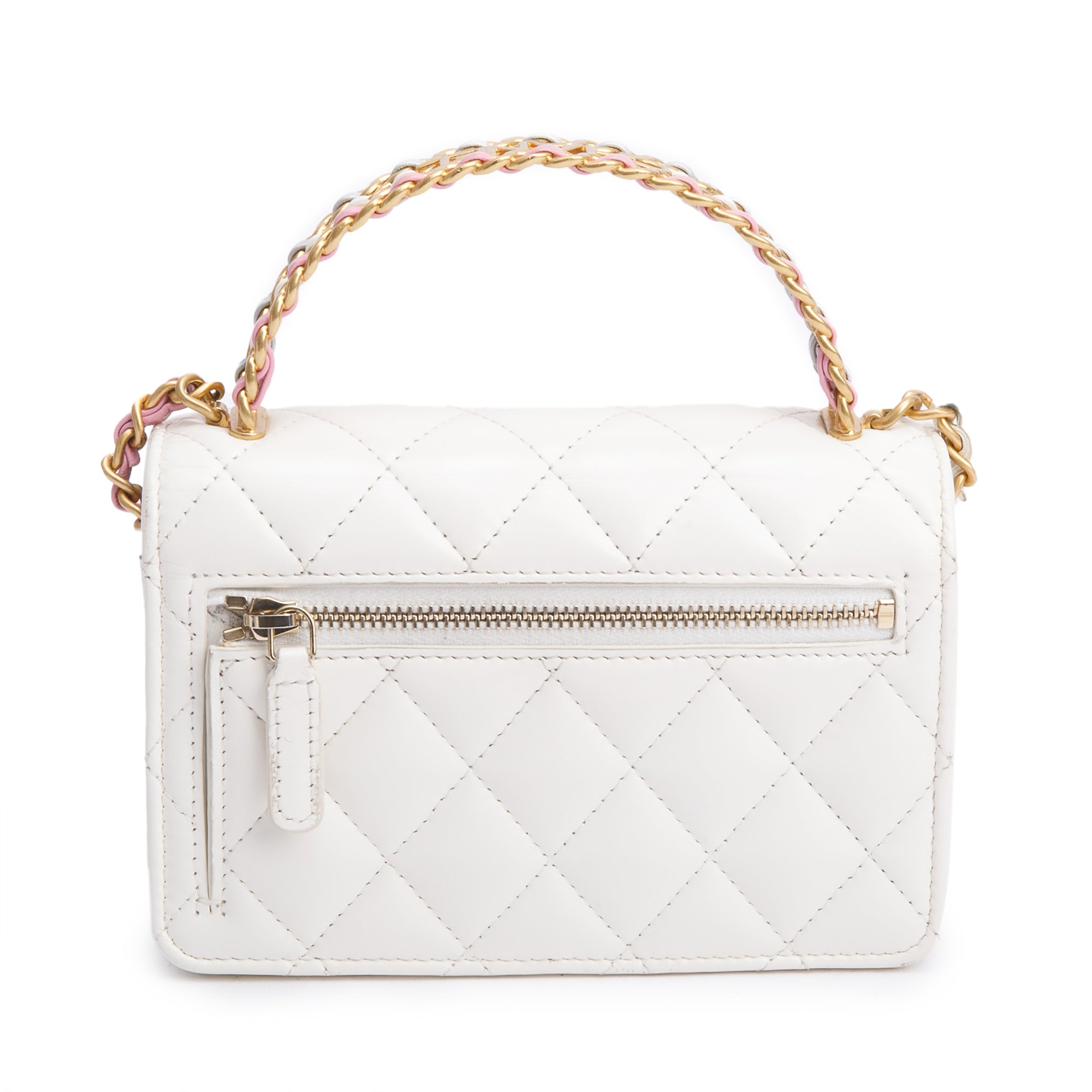 Chanel 2023 White Quilted Glazed Calfskin Rainbow Chain Top Handle Mini Flap Bag