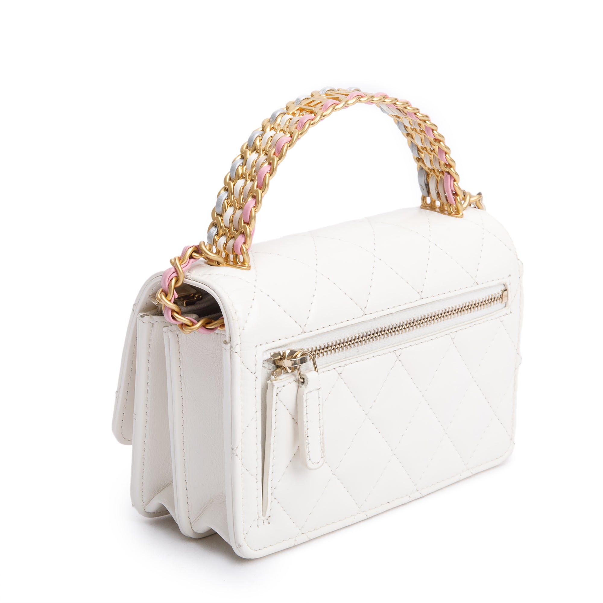 Chanel 2023 White Quilted Glazed Calfskin Rainbow Chain Top Handle Mini Flap Bag