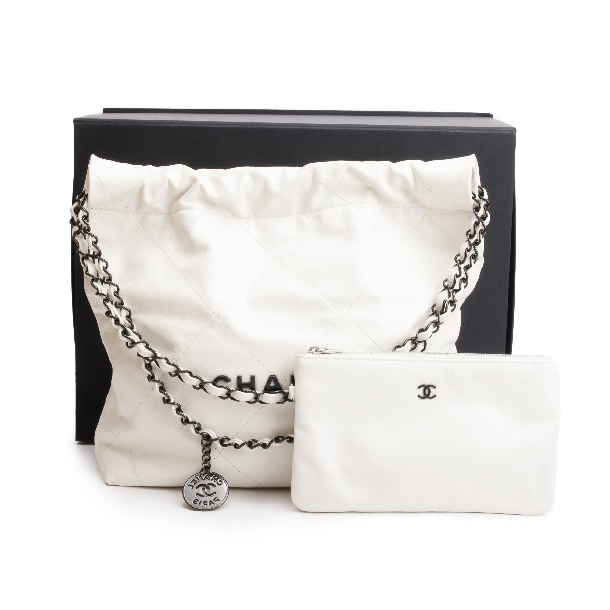 Chanel 2023 White Shiny Calfskin Leather Small Chanel 22 Hobo w/ Pouch & Box