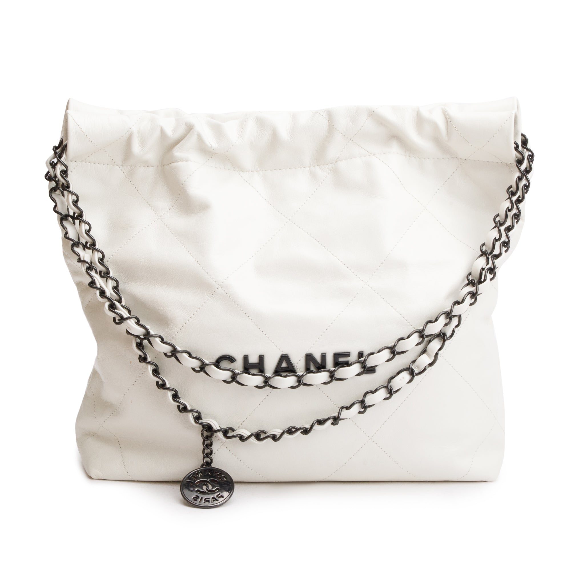 Chanel 2023 White Shiny Calfskin Leather Small Chanel 22 Hobo w/ Pouch & Box