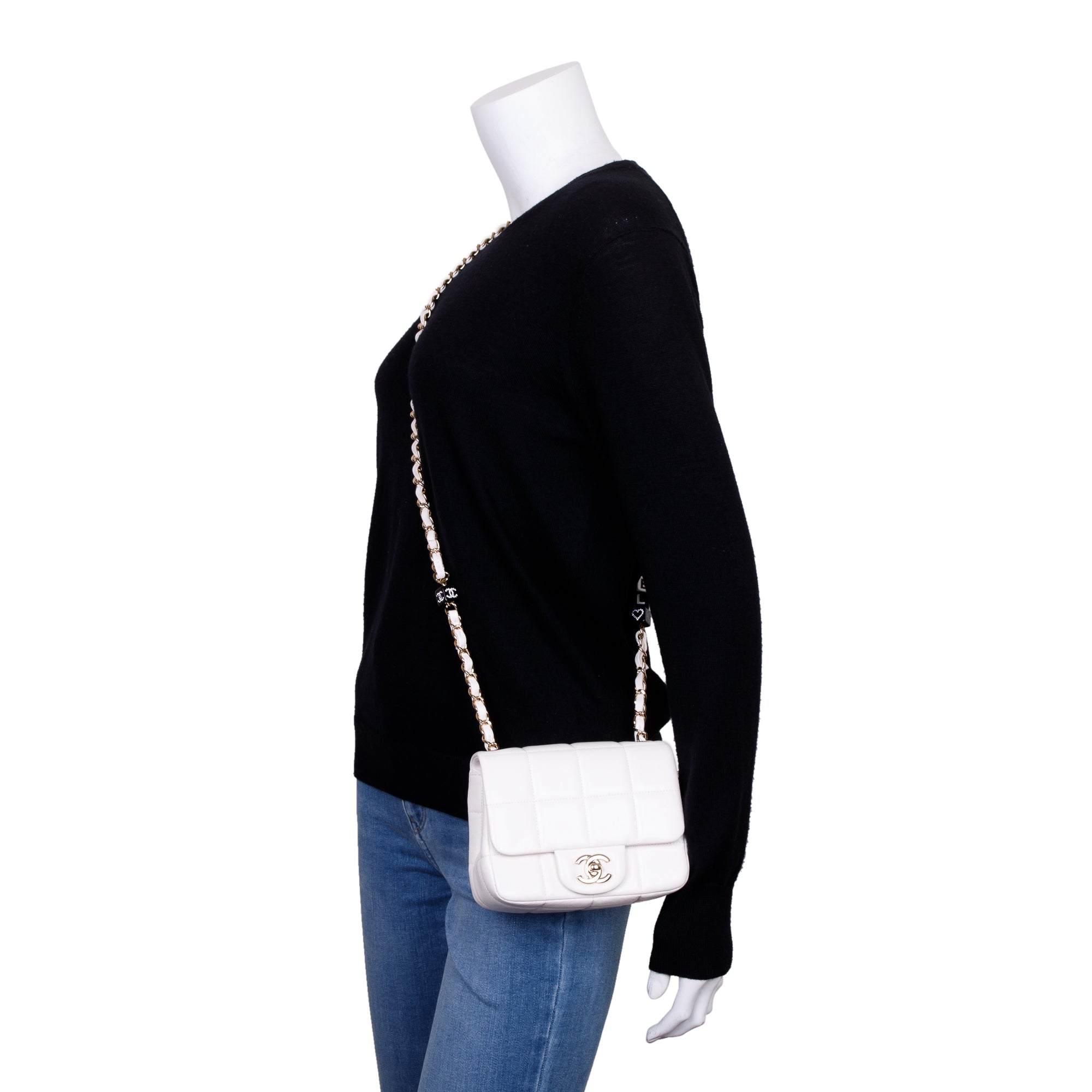 Chanel 2023 White Square Quilted Lambskin Resin Crystal Monacoco Mini Square Flap Bag