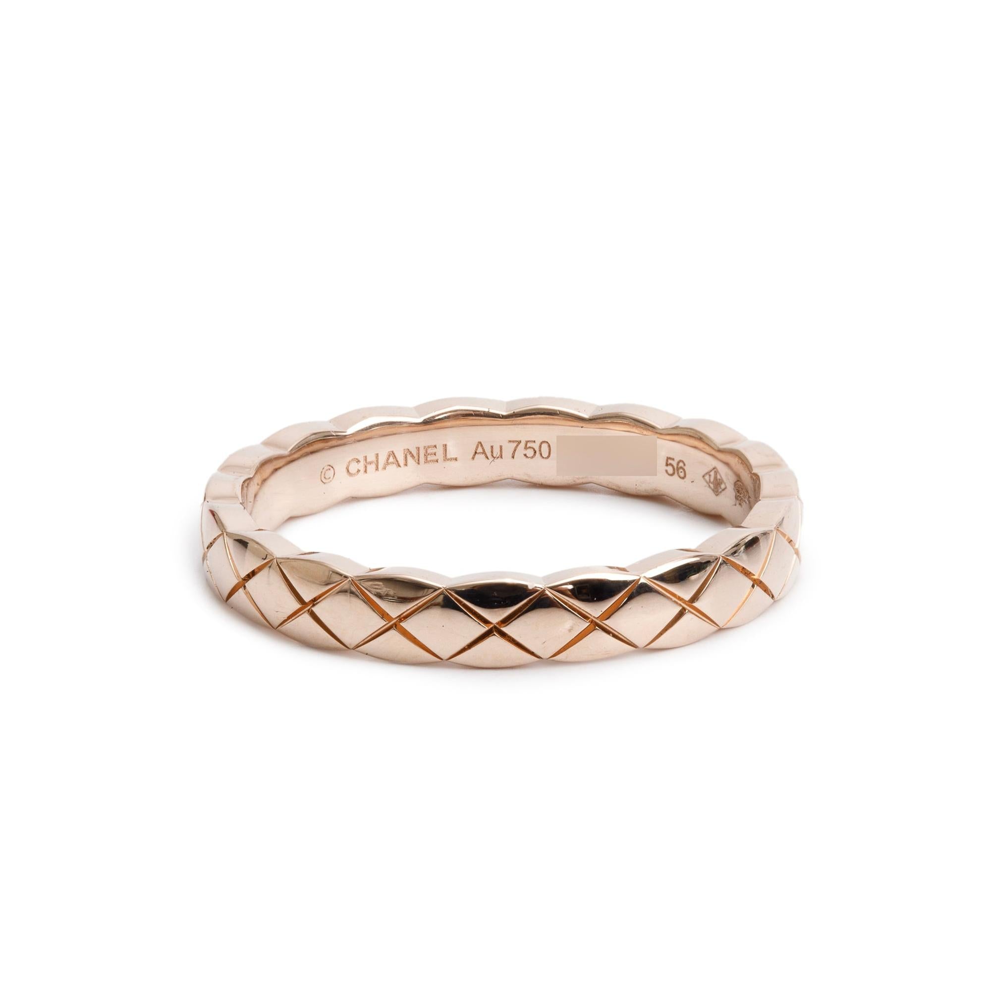 Chanel 2024 18k Rose Gold Quilted Coco Crush Band Ring, Size 56 7.5, Mini Version w/ Box & Papers