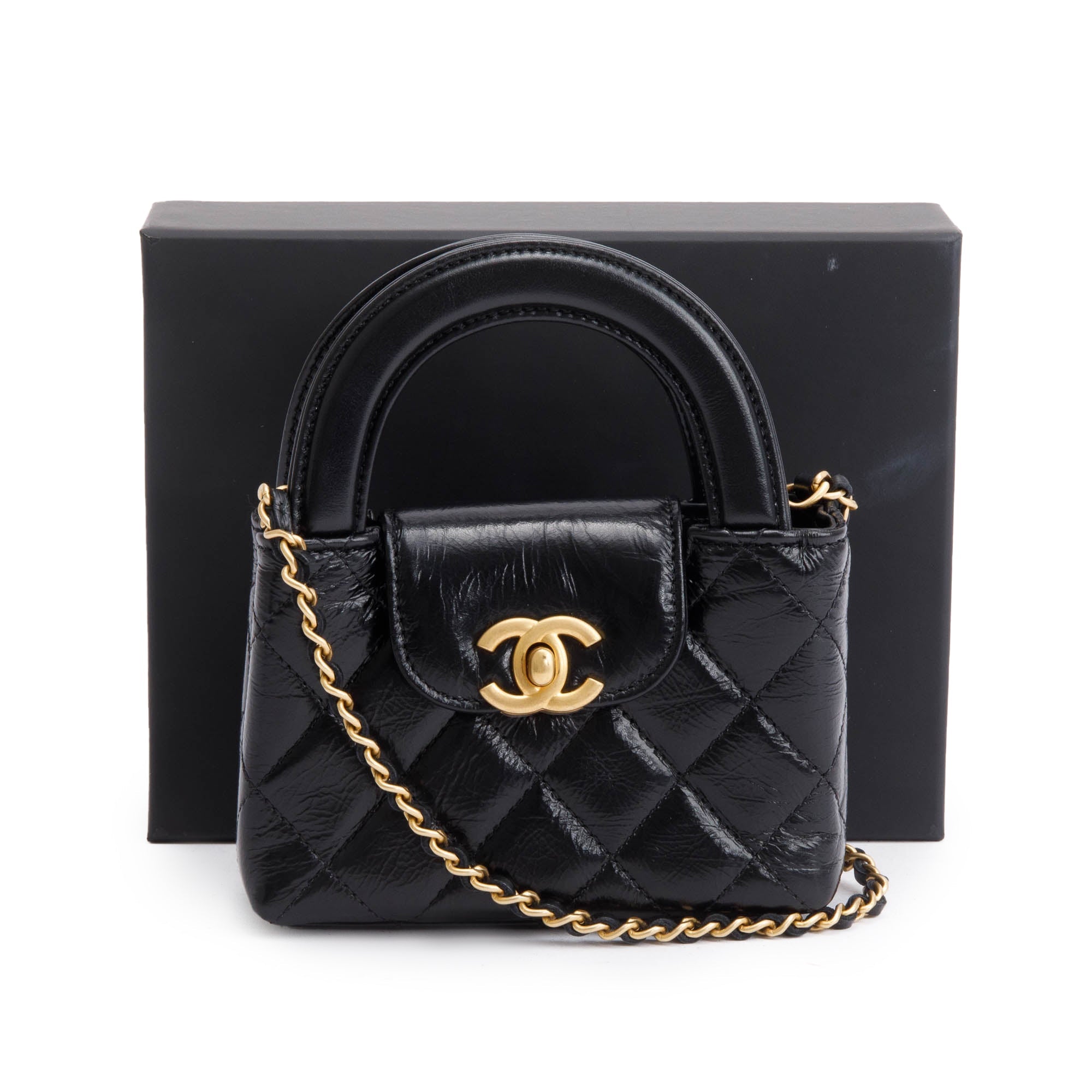 Chanel 2024 Black Shiny Aged Calfskin Leather Nano Kelly Crossbody Bag w/ Box & Receipt