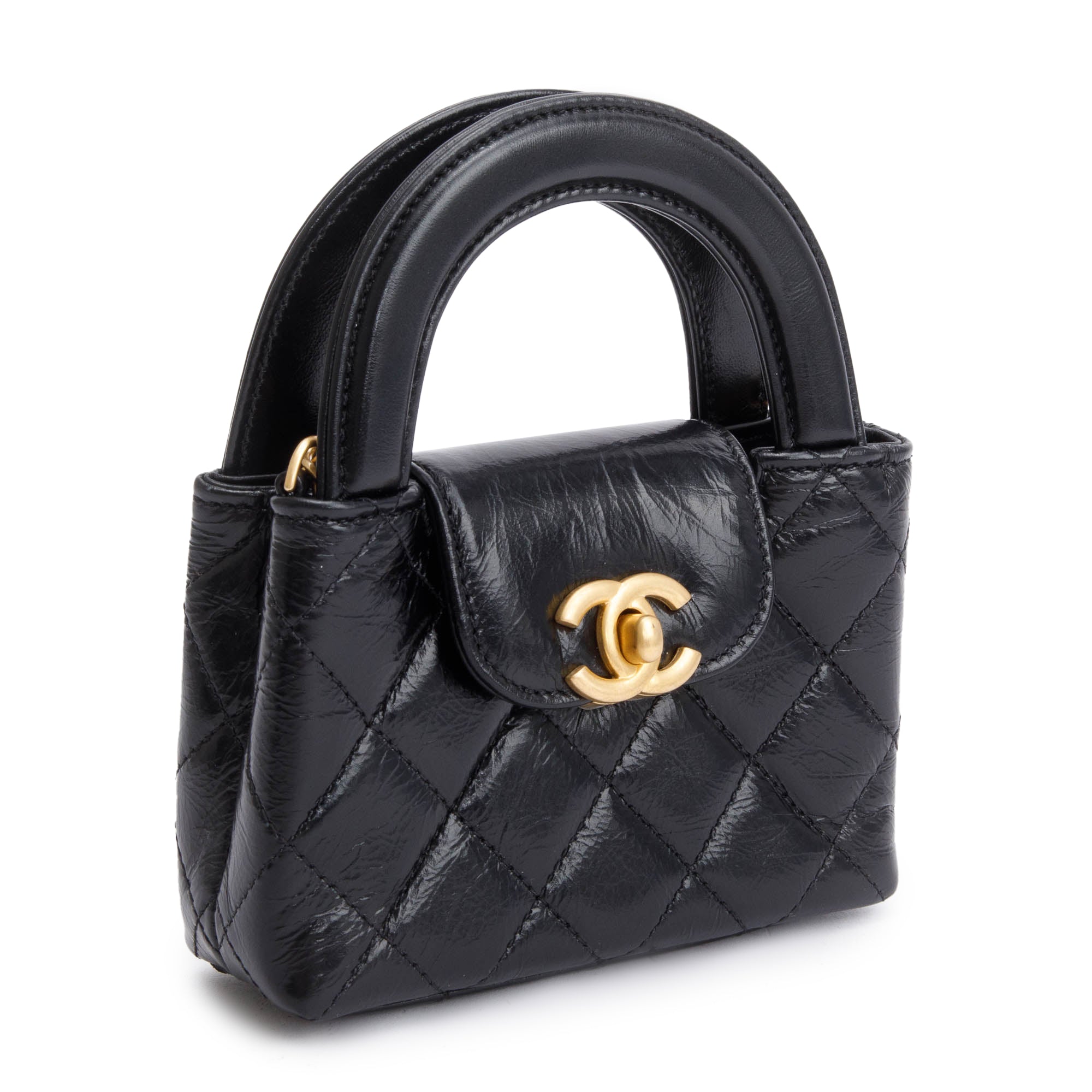 Chanel 2024 Black Shiny Aged Calfskin Leather Nano Kelly Crossbody Bag w/ Box & Receipt