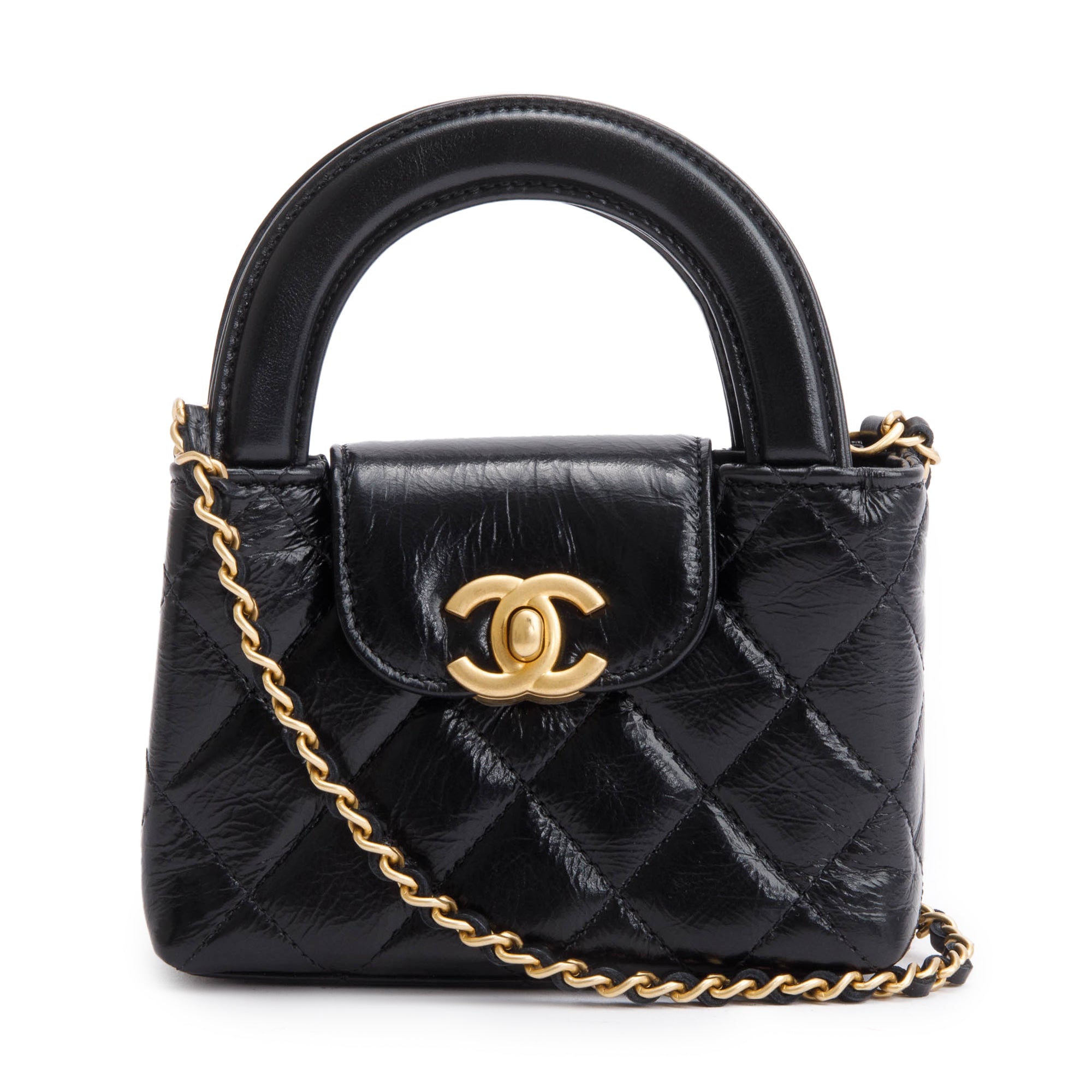 Chanel 2024 Black Shiny Aged Calfskin Leather Nano Kelly Crossbody Bag w/ Box & Receipt