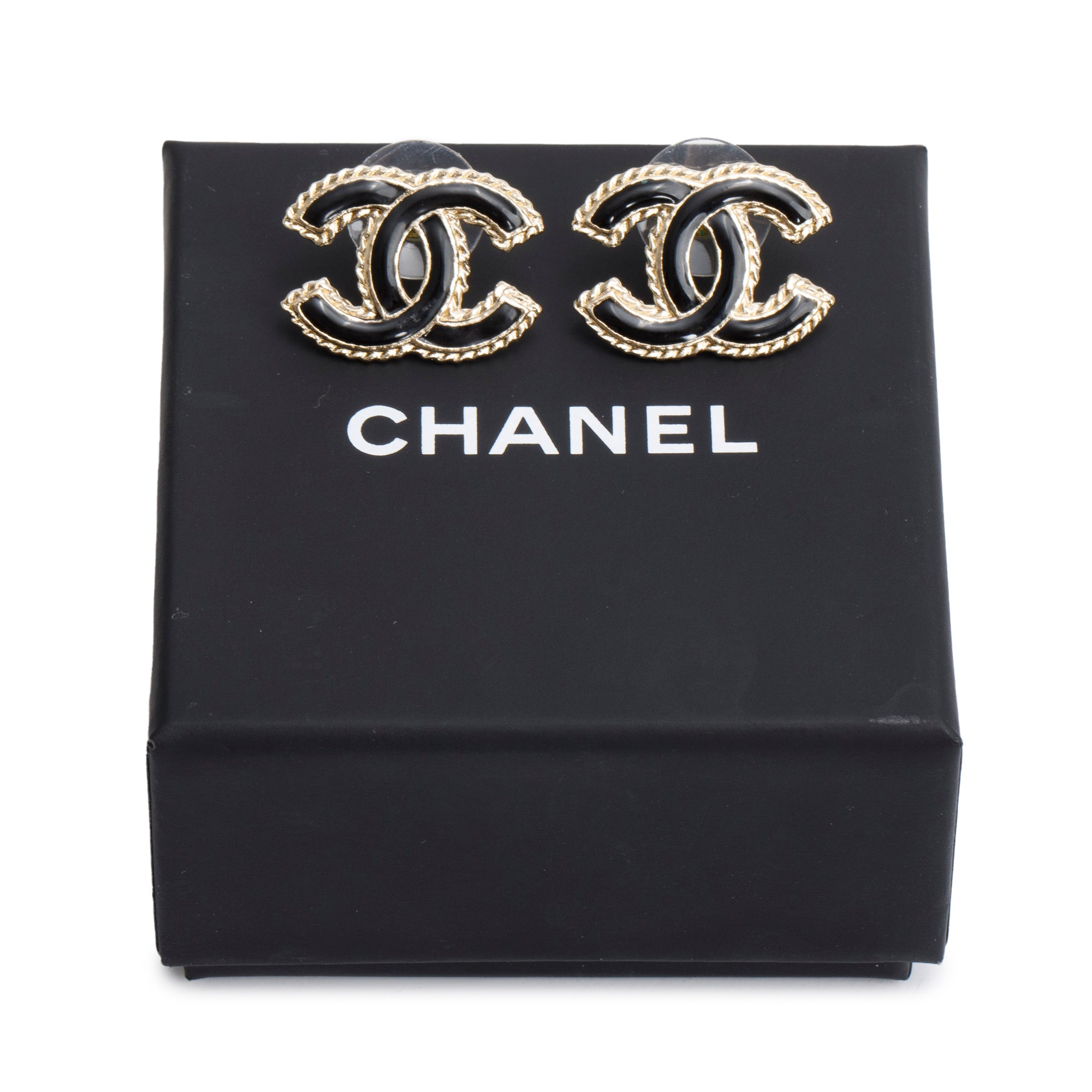 Chanel 2024 Gold Plated Black Enamel CC Stud Earrings w/ Box