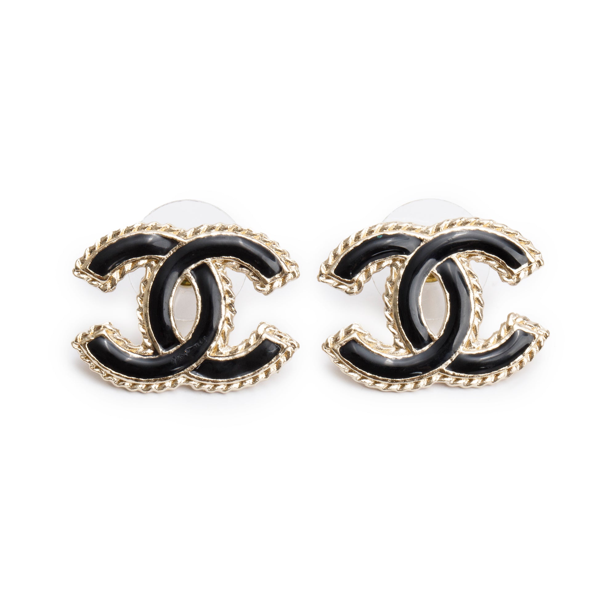 Chanel 2024 Gold Plated Black Enamel CC Stud Earrings w/ Box