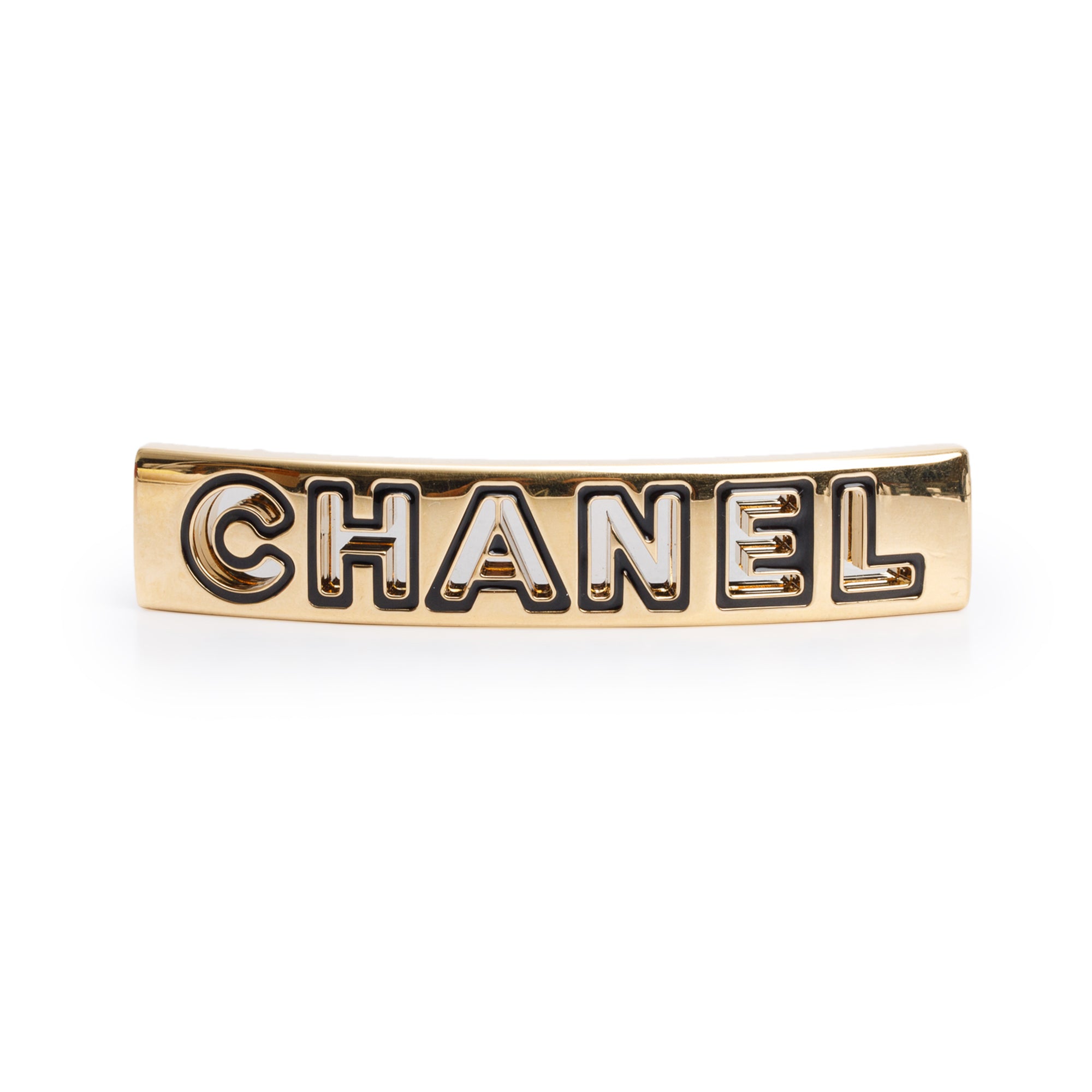 Chanel 2024 Gold-Plated Enamel Logo Hair Clip Barrette w/ Box & Receipt