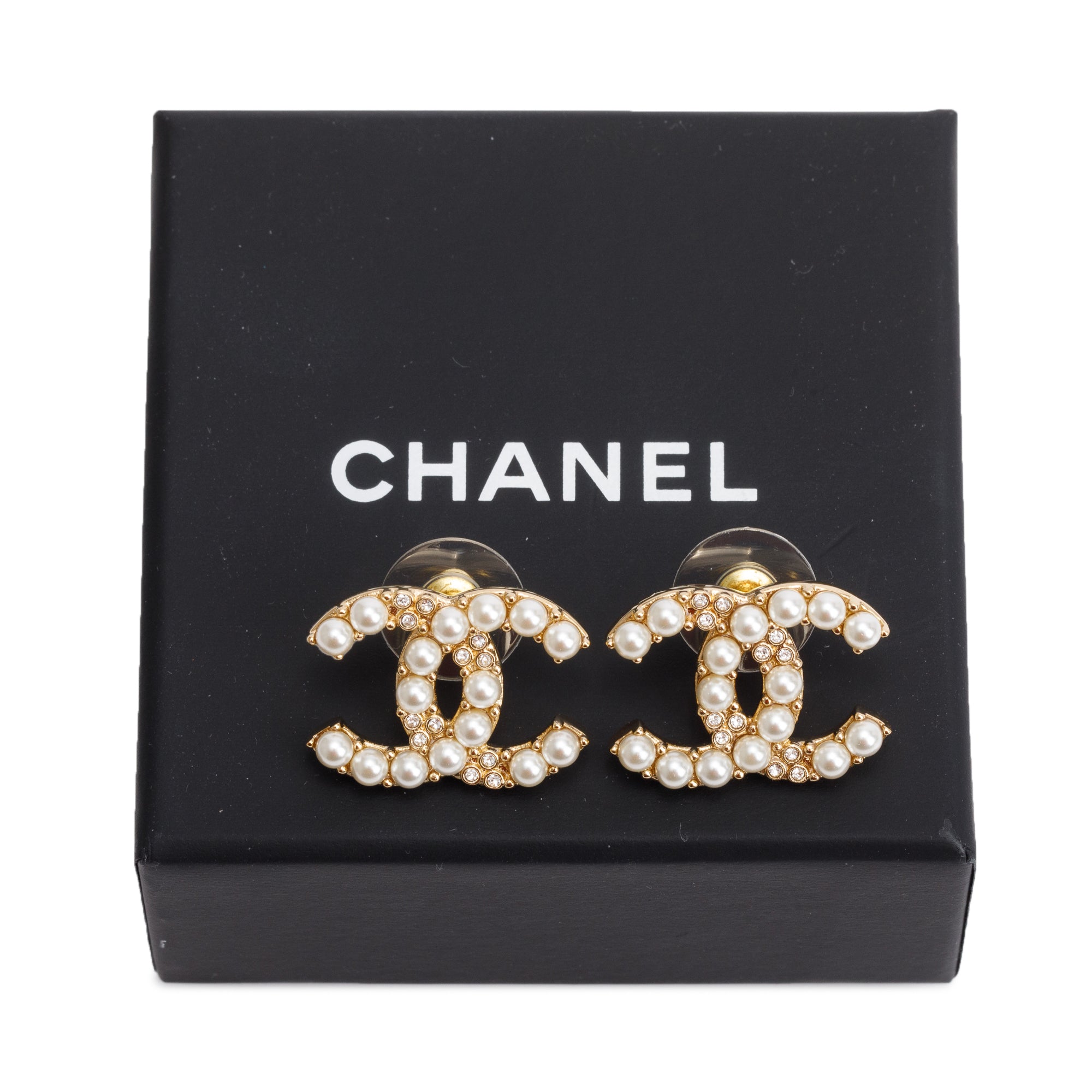 Chanel 2024 Gold Plated Faux Pearl Strass CC Stud Earrings w/ Box