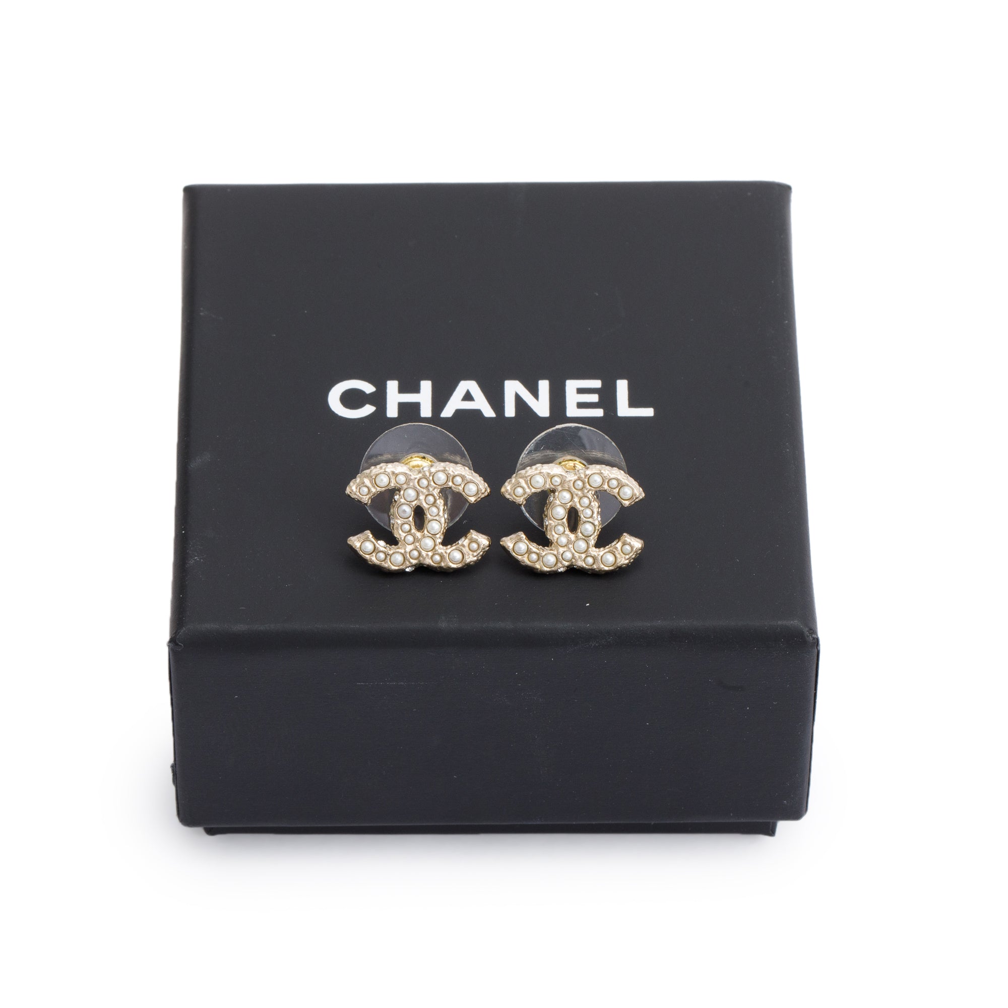Chanel 2024 Gold Plated Faux Pearl Strass CC Stud Earrings w/ Box