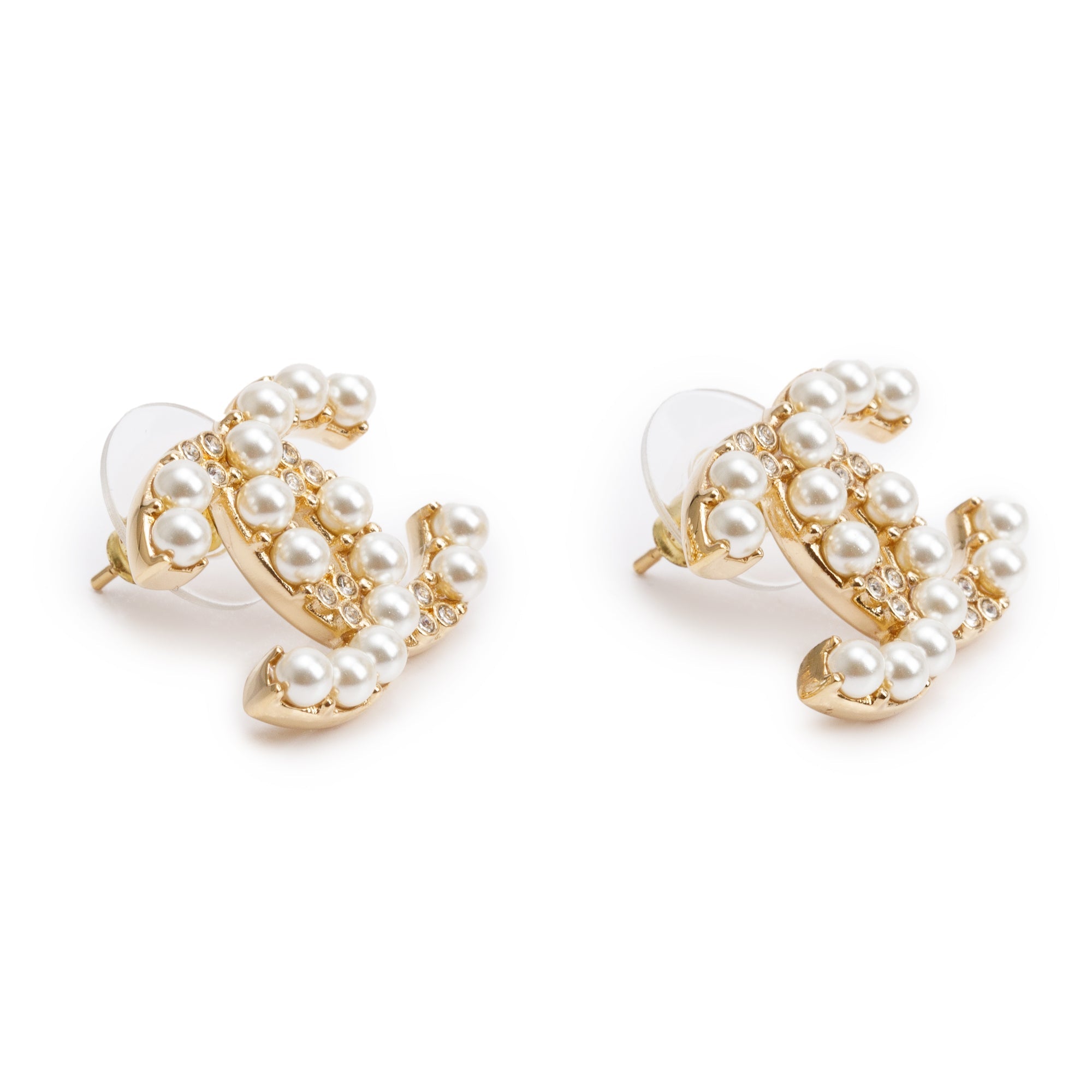 Chanel 2024 Gold Plated Faux Pearl Strass CC Stud Earrings w/ Box