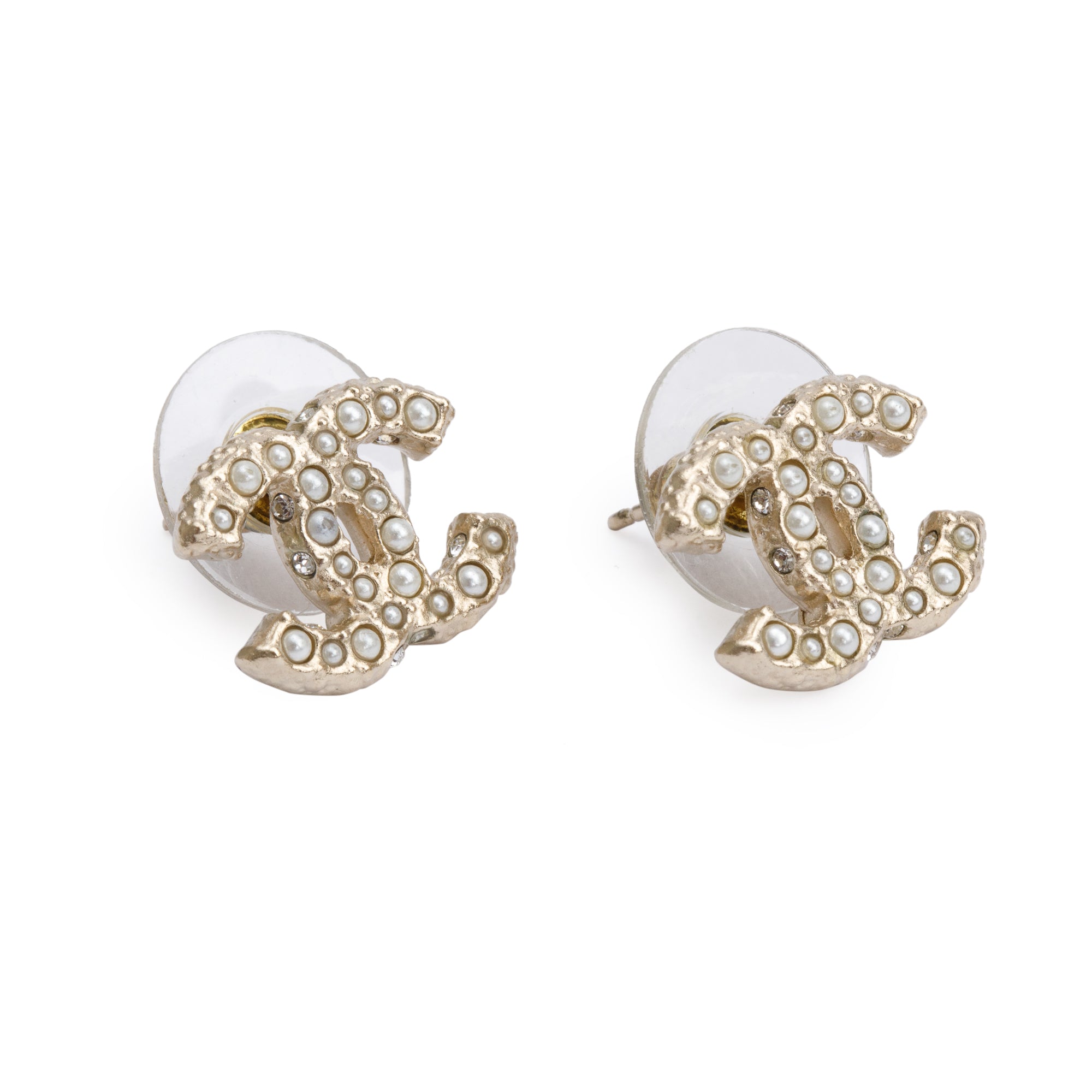 Chanel 2024 Gold Plated Faux Pearl Strass CC Stud Earrings w/ Box