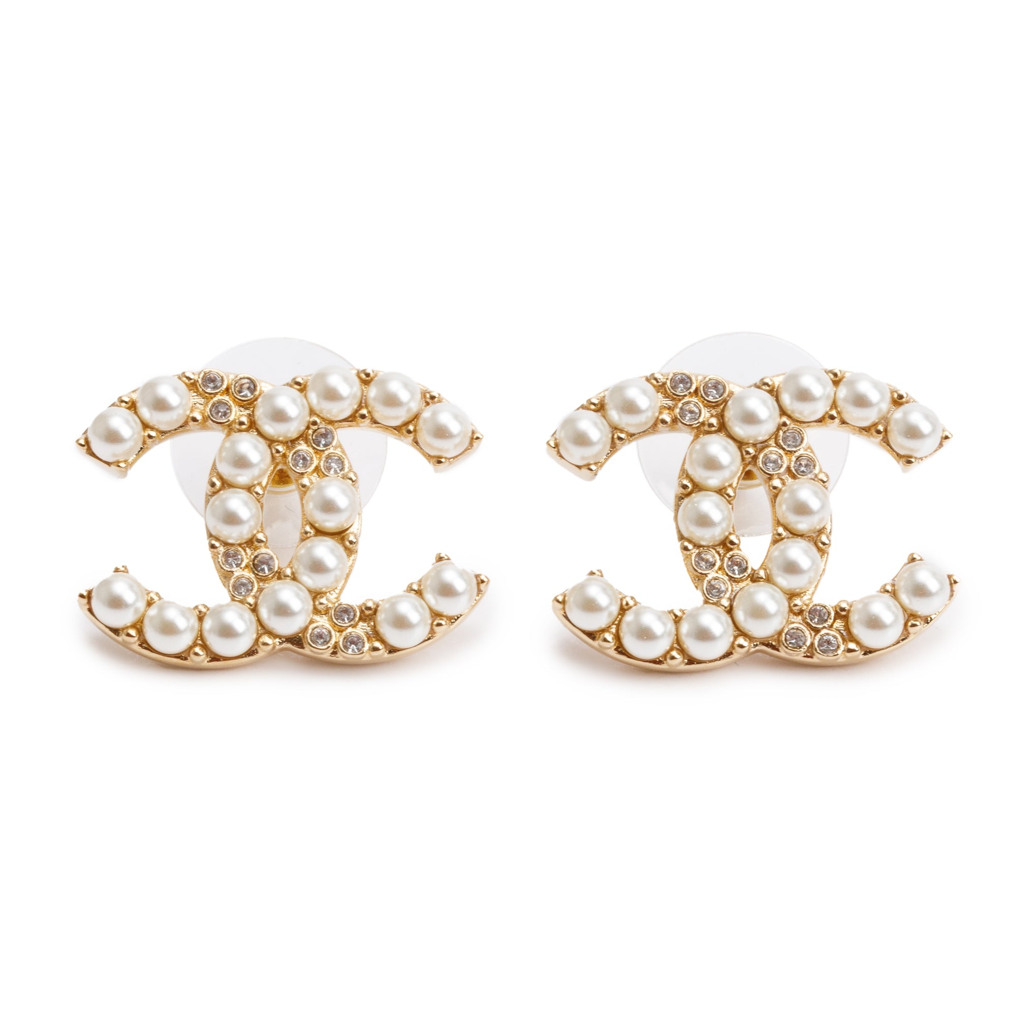 Chanel 2024 Gold Plated Faux Pearl Strass CC Stud Earrings w/ Box