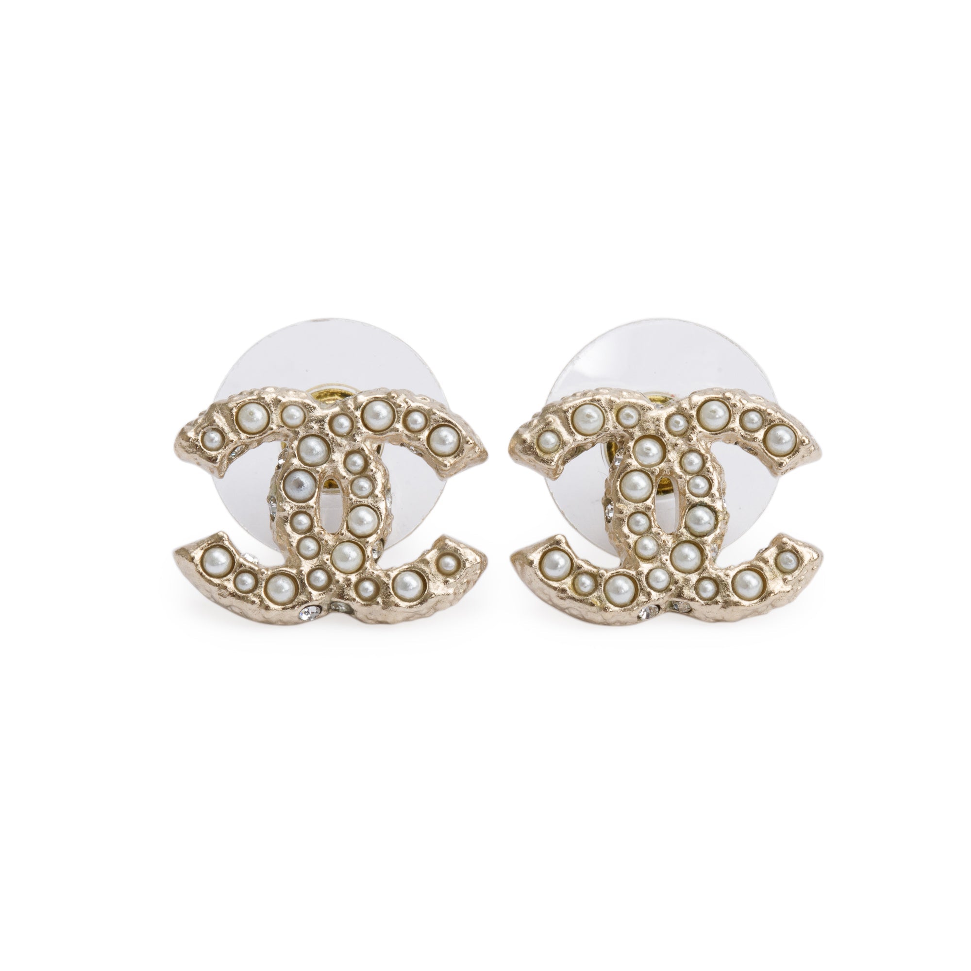 Chanel 2024 Gold Plated Faux Pearl Strass CC Stud Earrings w/ Box