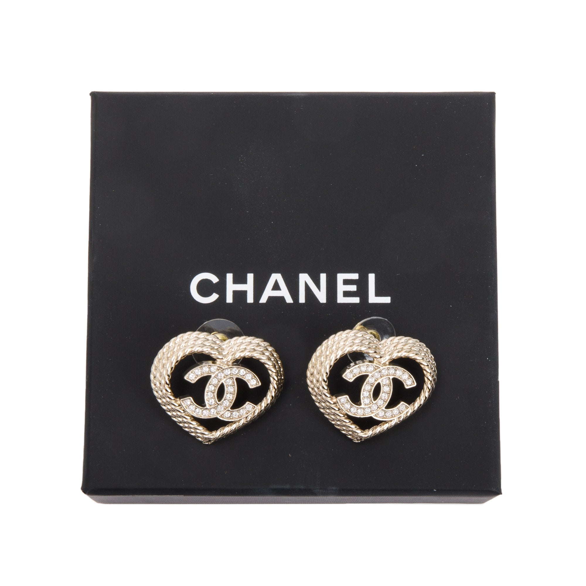 Chanel 2024 Gold Plated Strass CC Heart Earrings w/ Box