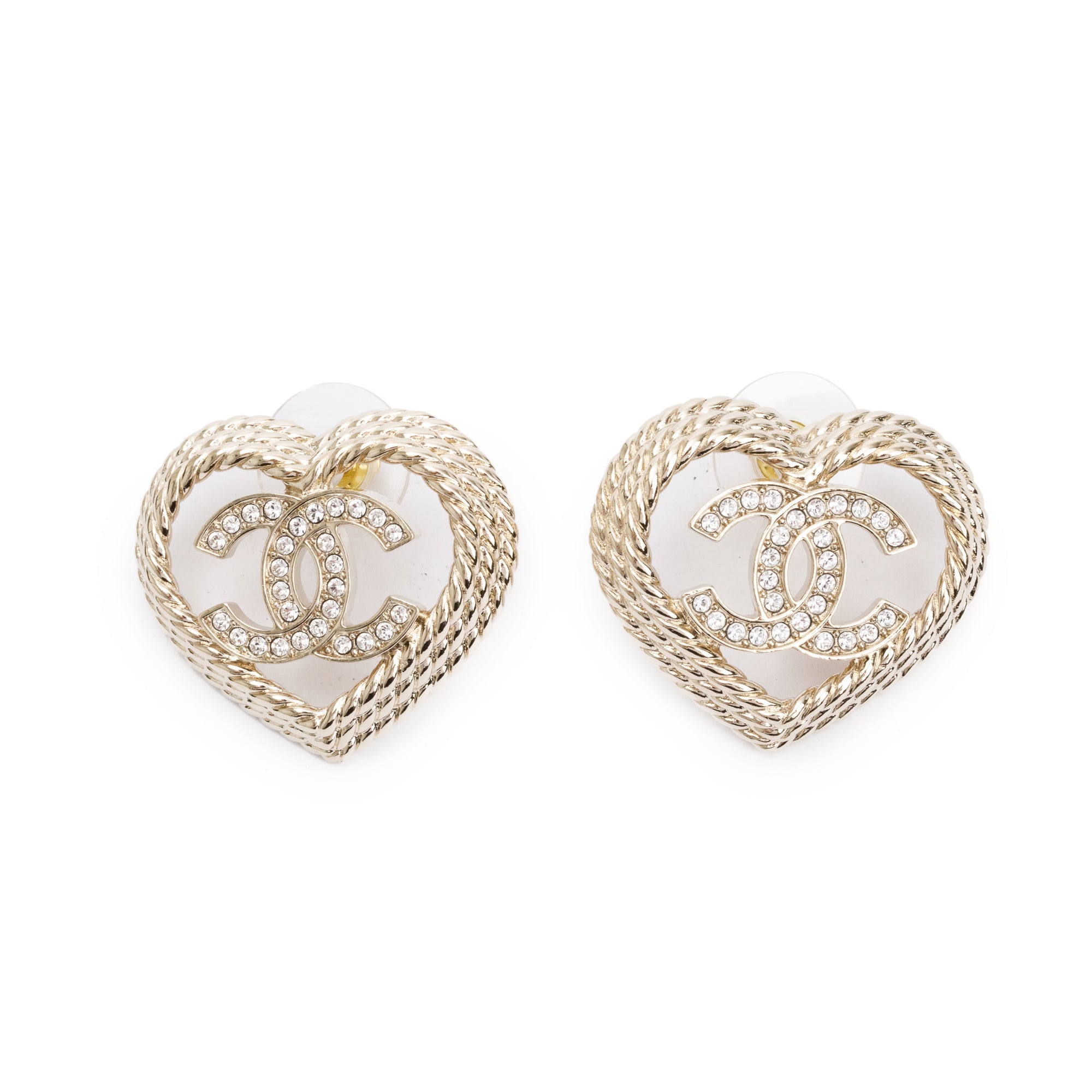 Chanel 2024 Gold Plated Strass CC Heart Earrings w/ Box
