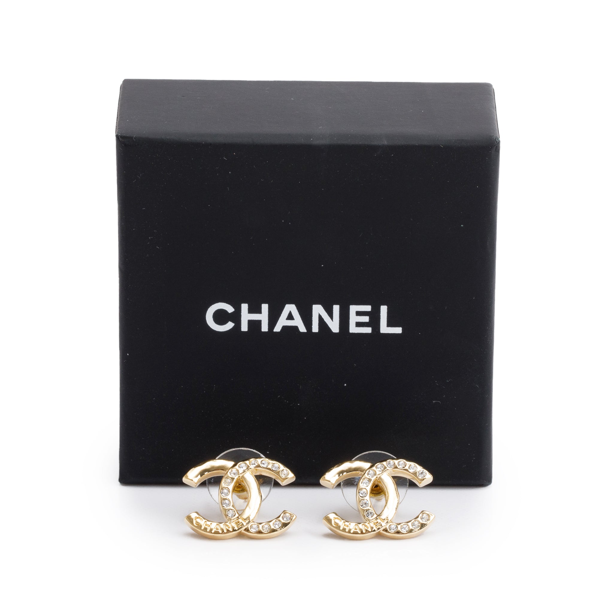 Chanel 2024 Gold Plated Strass CC Stud Earrings w/ Box