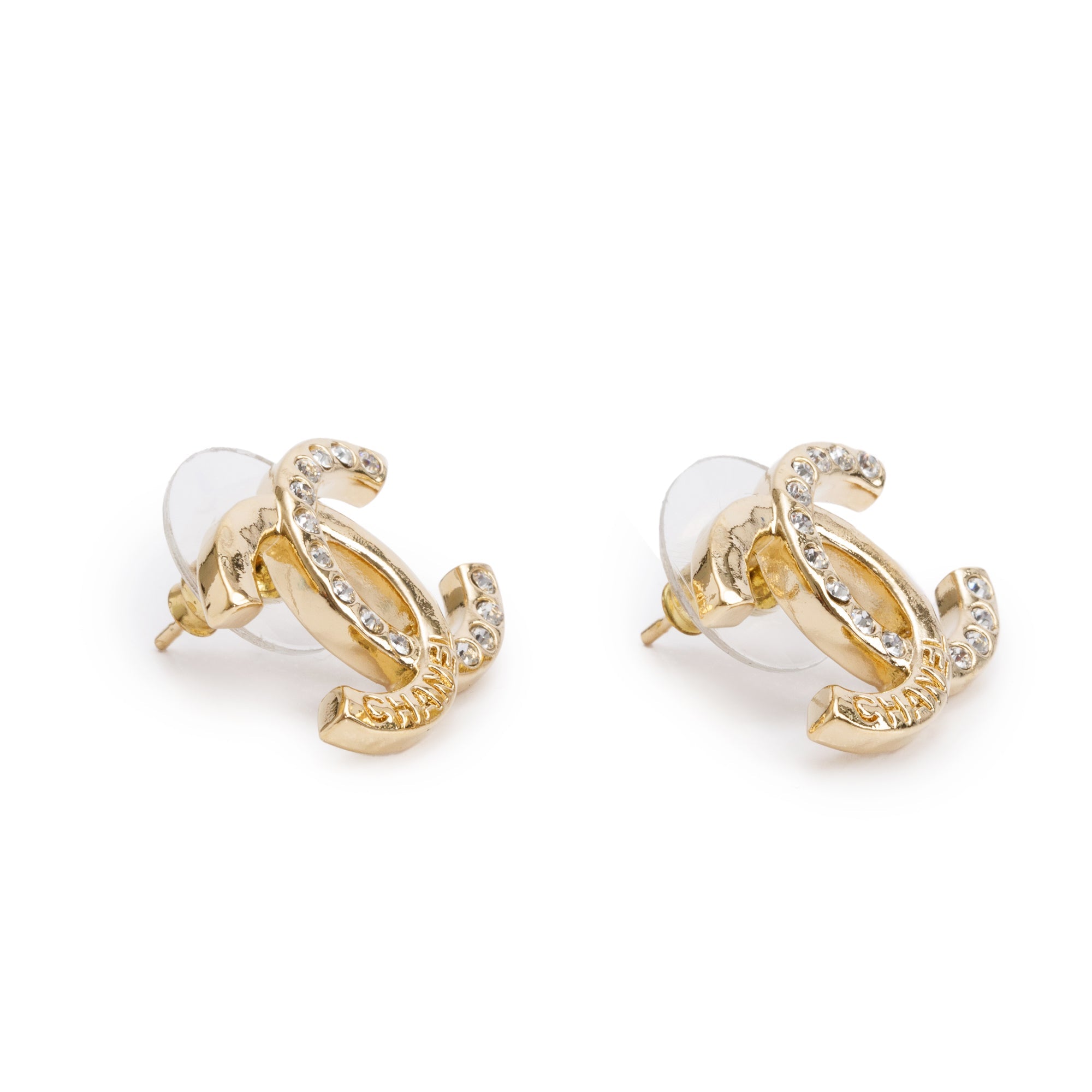 Chanel 2024 Gold Plated Strass CC Stud Earrings w/ Box