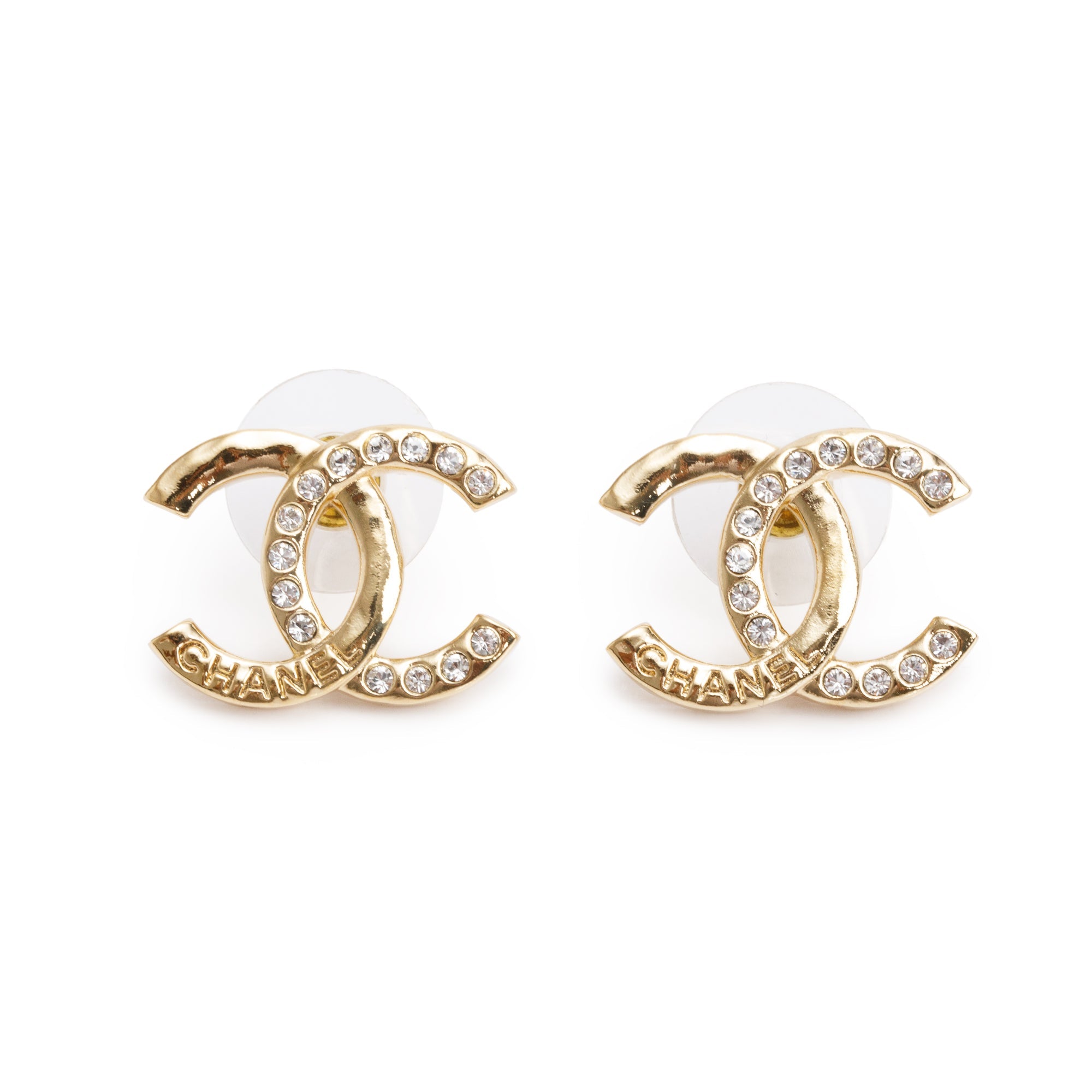 Chanel 2024 Gold Plated Strass CC Stud Earrings w/ Box
