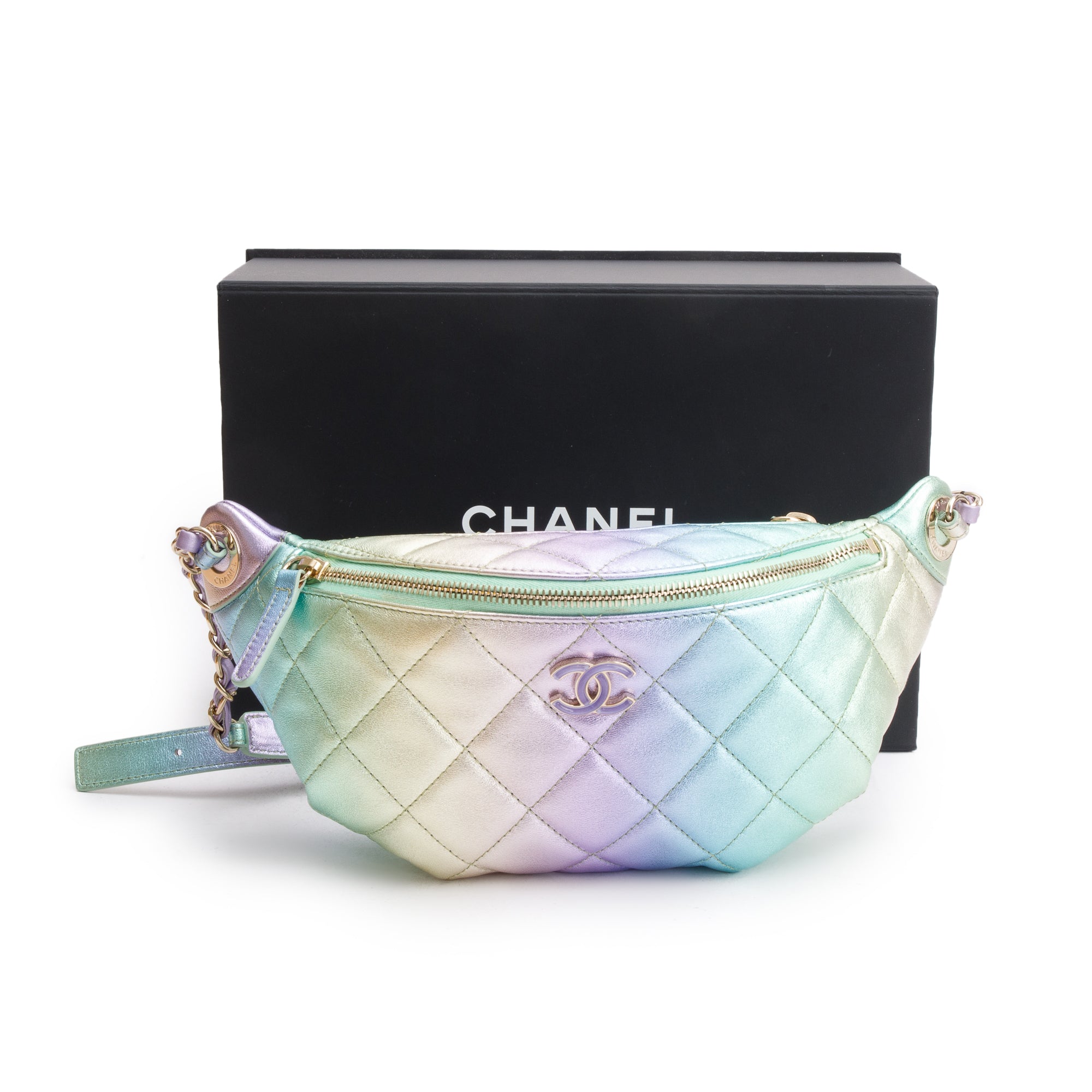 Chanel 2024 Iridescent Rainbow Metallic Quilted Calfskin Leather Belt Bag w/ Box
