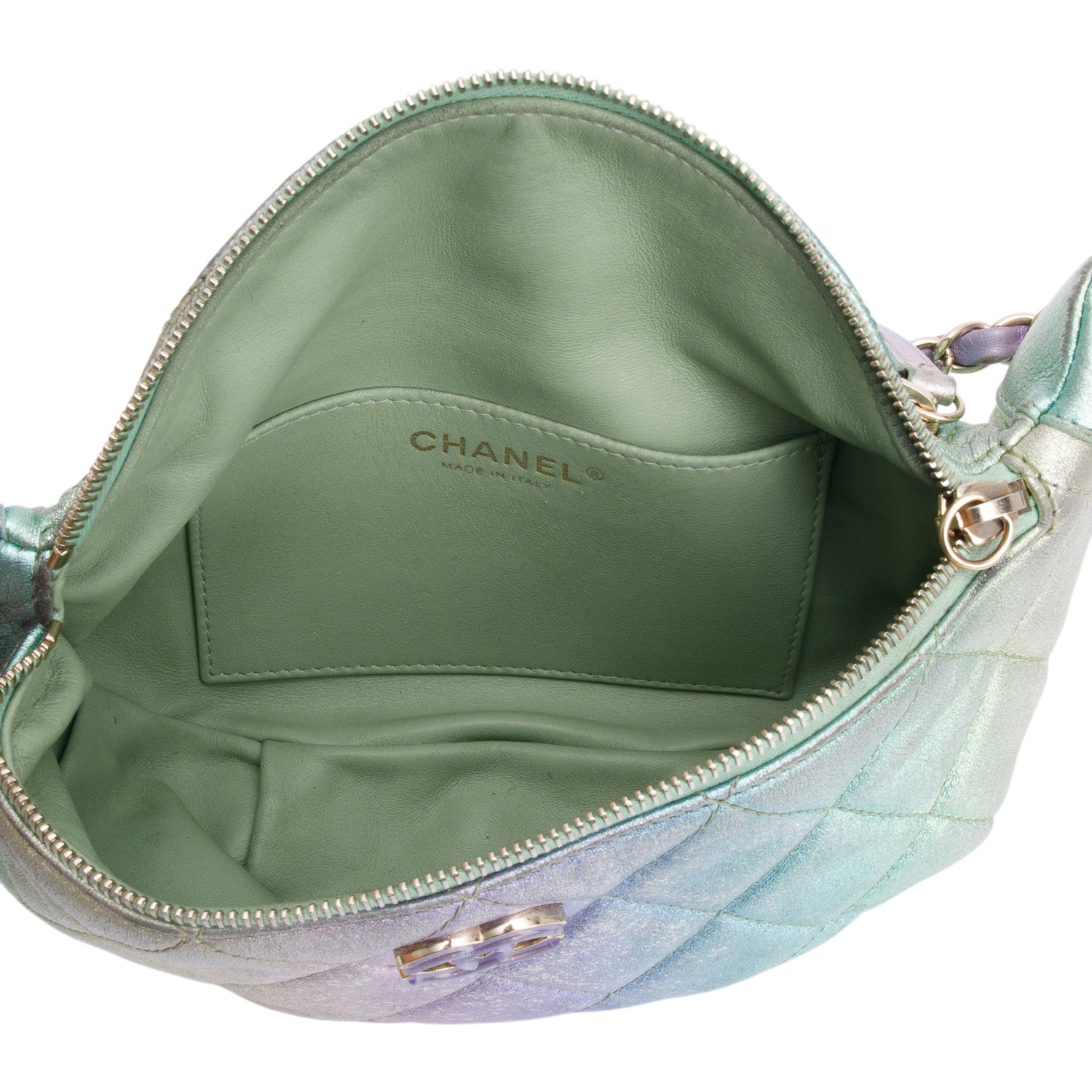 Chanel 2024 Iridescent Rainbow Metallic Quilted Calfskin Leather Belt Bag w/ Box